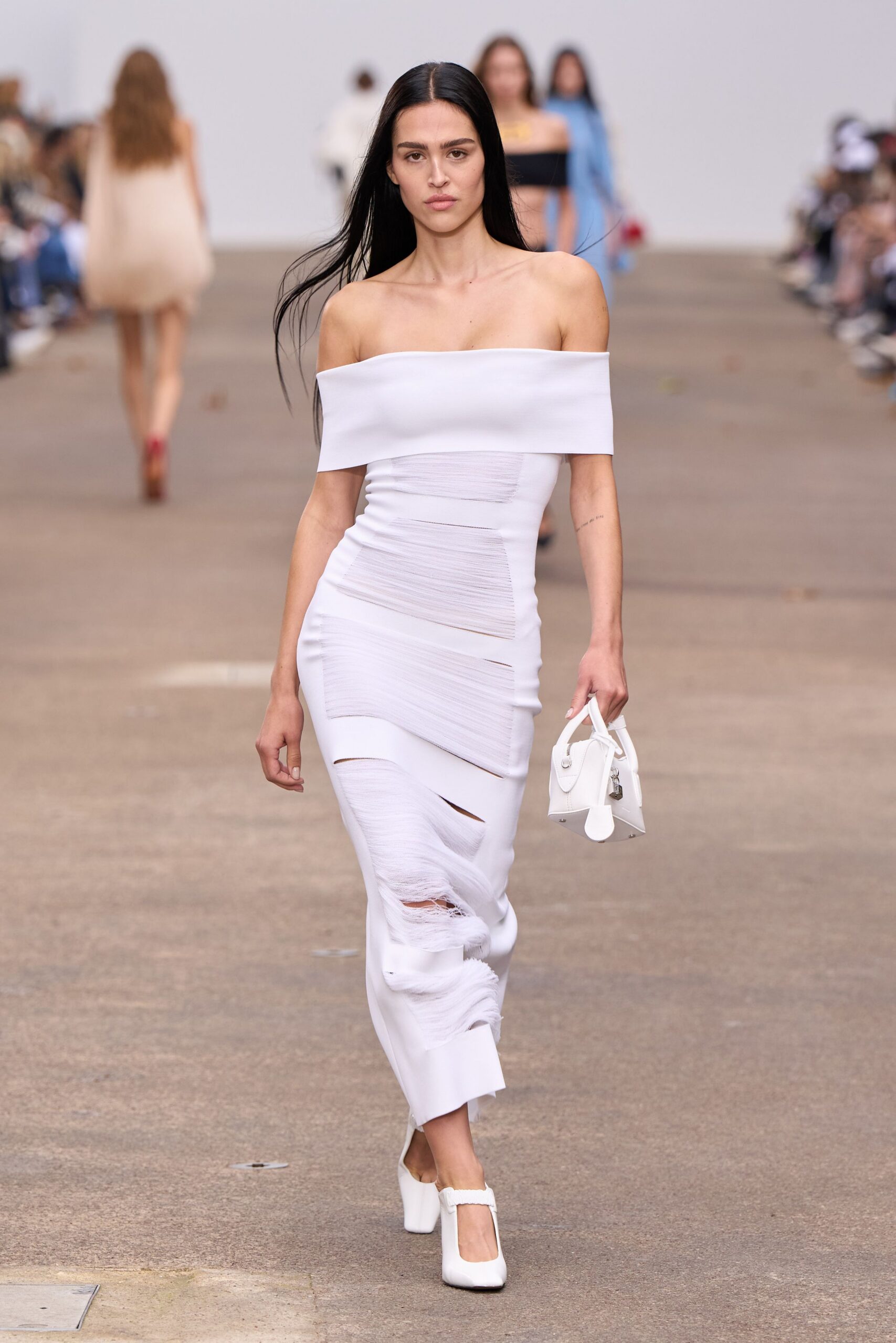 white cotton off-shoulder long-sleeve fitted ruched midi dress