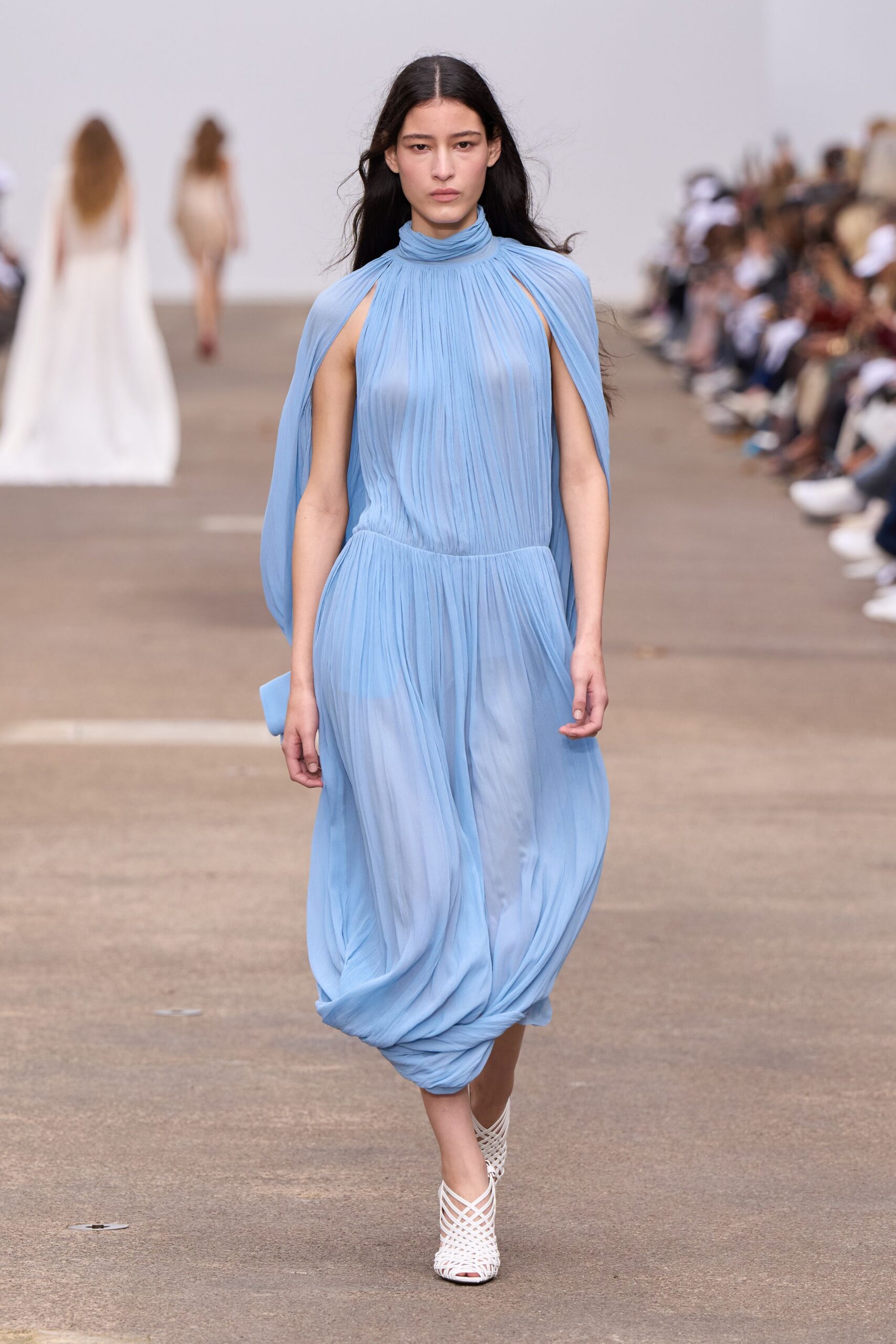 blue chiffon sleeveless high-neck relaxed pleated draped dress