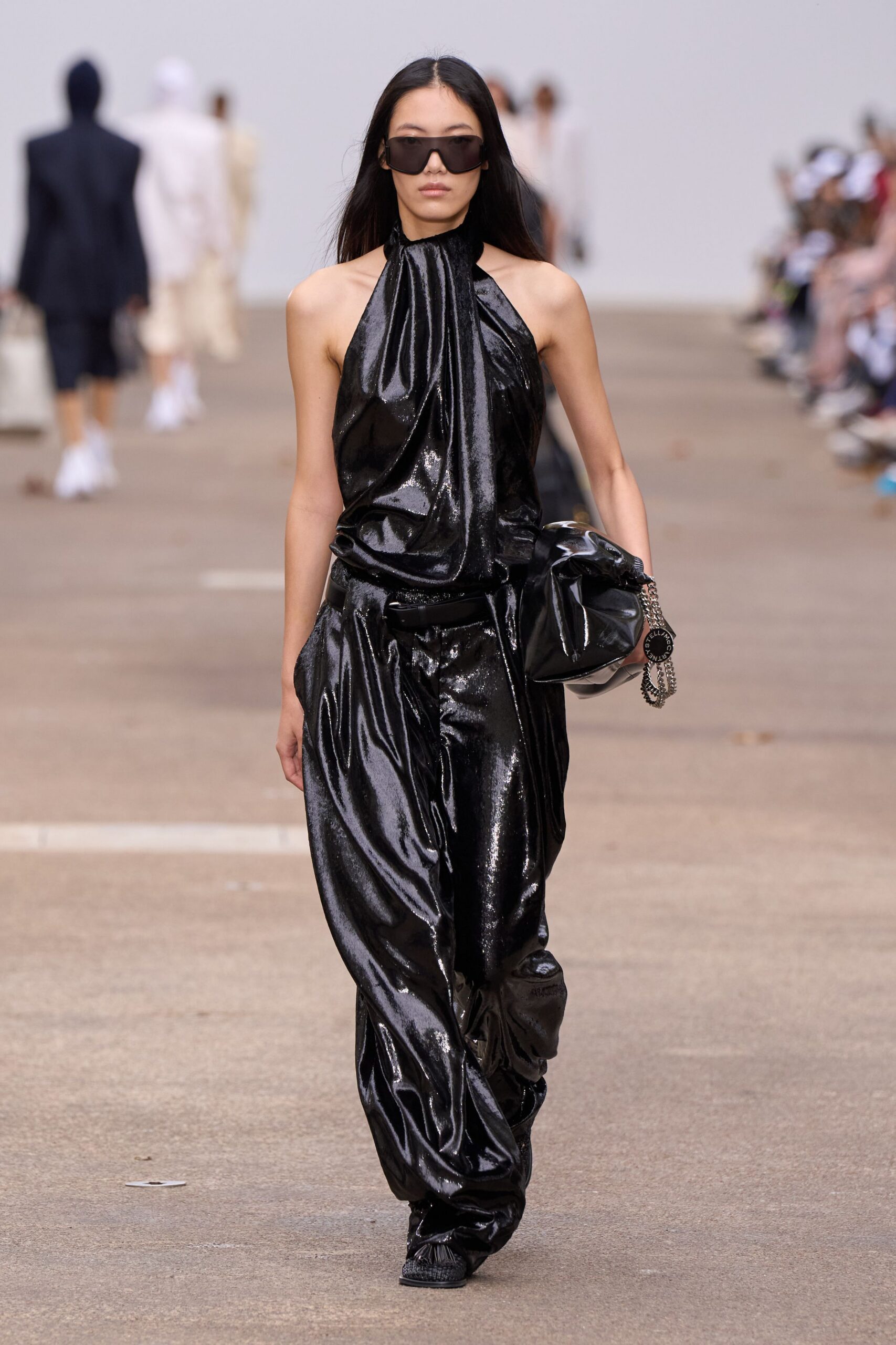 black silk sleeveless halter fitted textured shiny jumpsuit