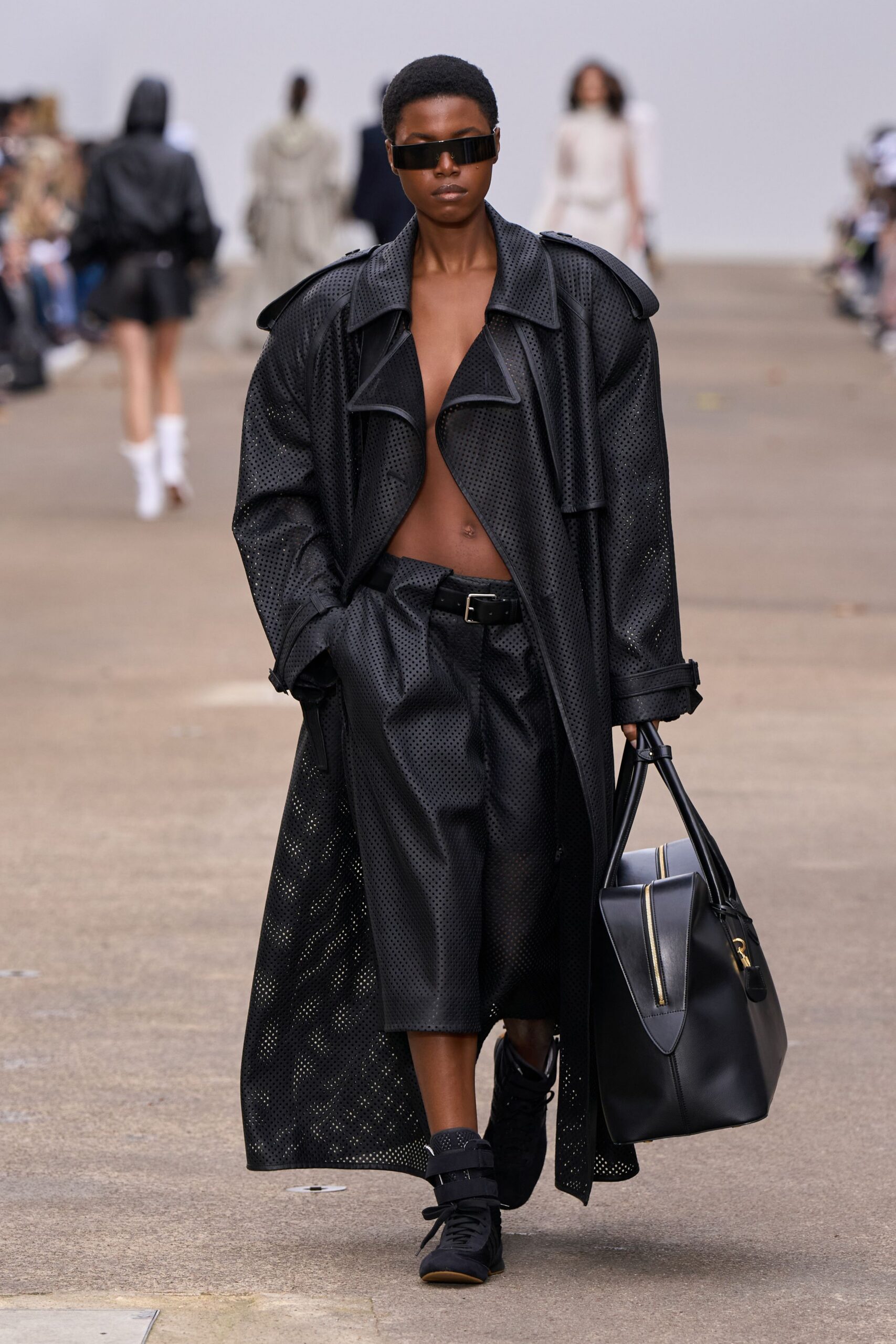 black leather long-sleeve collared relaxed zippered layered coat