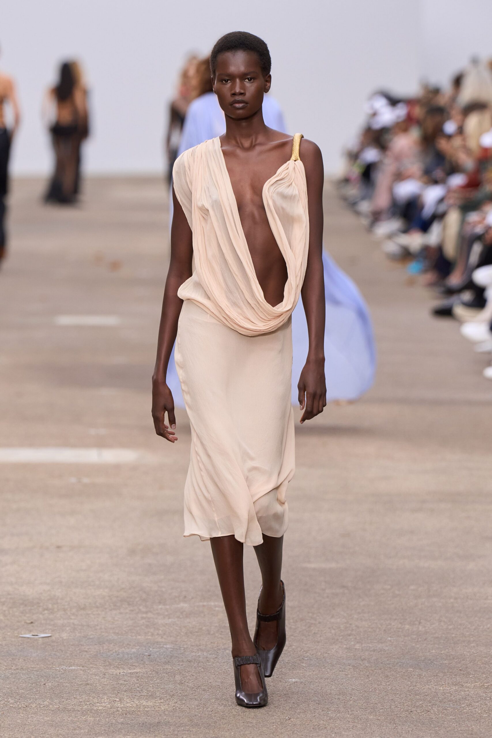 beige chiffon sleeveless v-neck fitted draped flowing dress