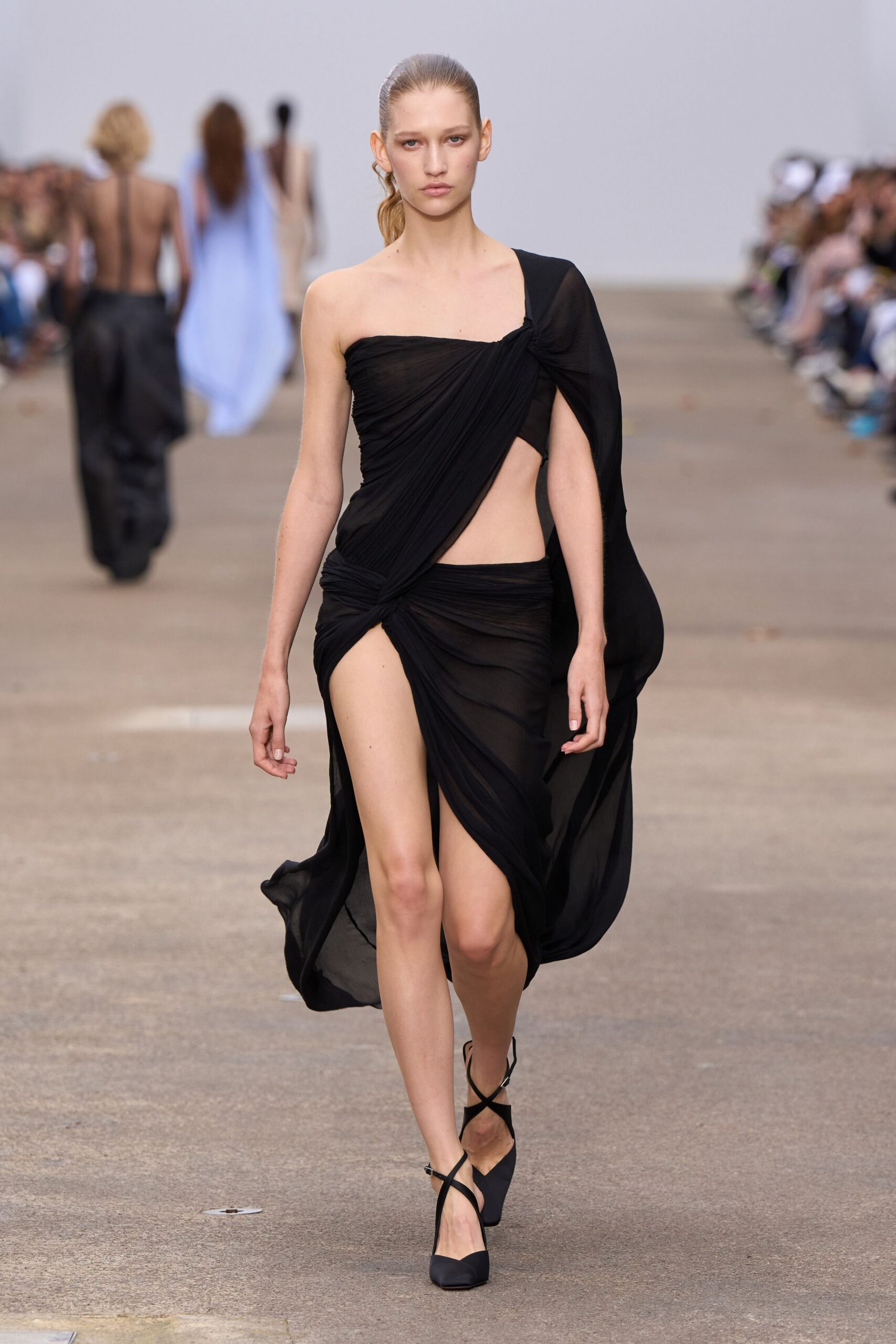 black chiffon sleeveless asymmetric fitted draped flowing dress