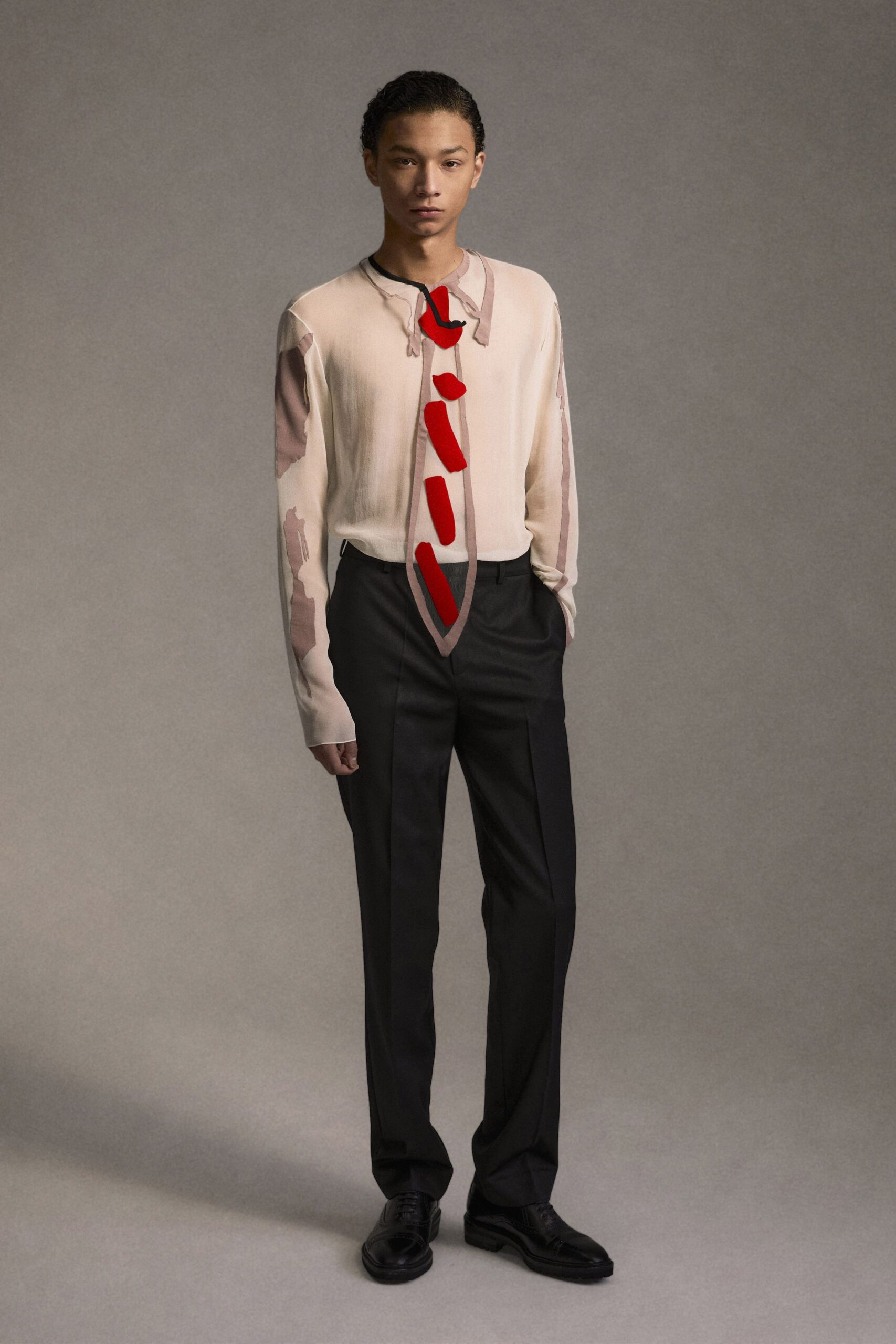 beige silk long-sleeve collared fitted printed shirt