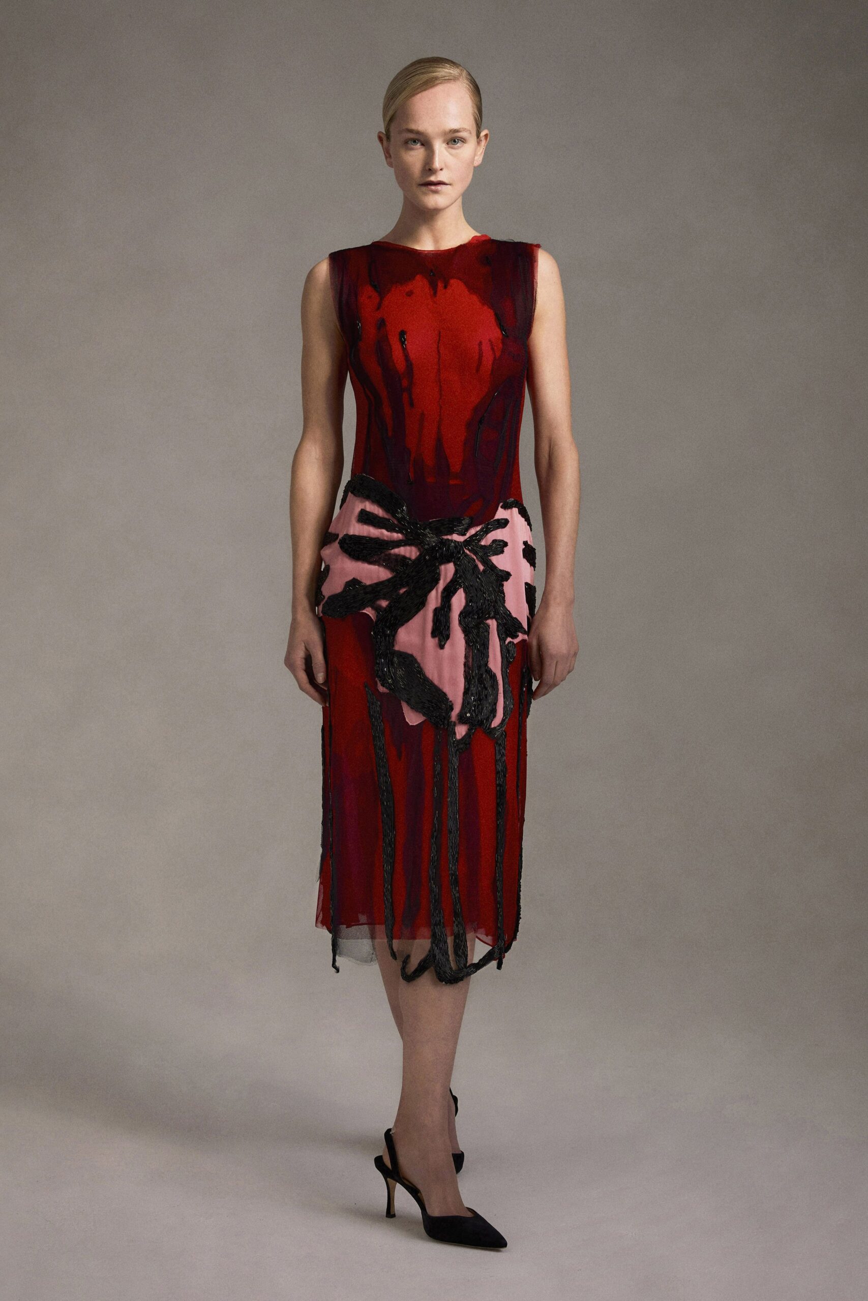 red silk sleeveless high-neck fitted draped embroidered dress