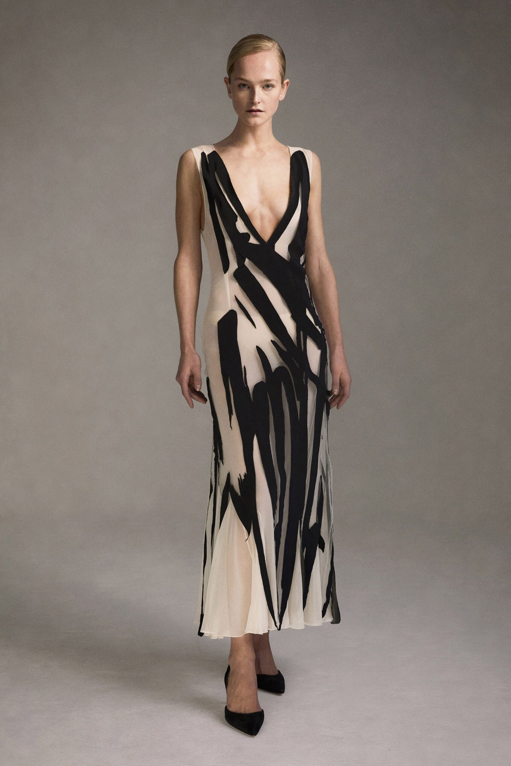 black and white flowing gown