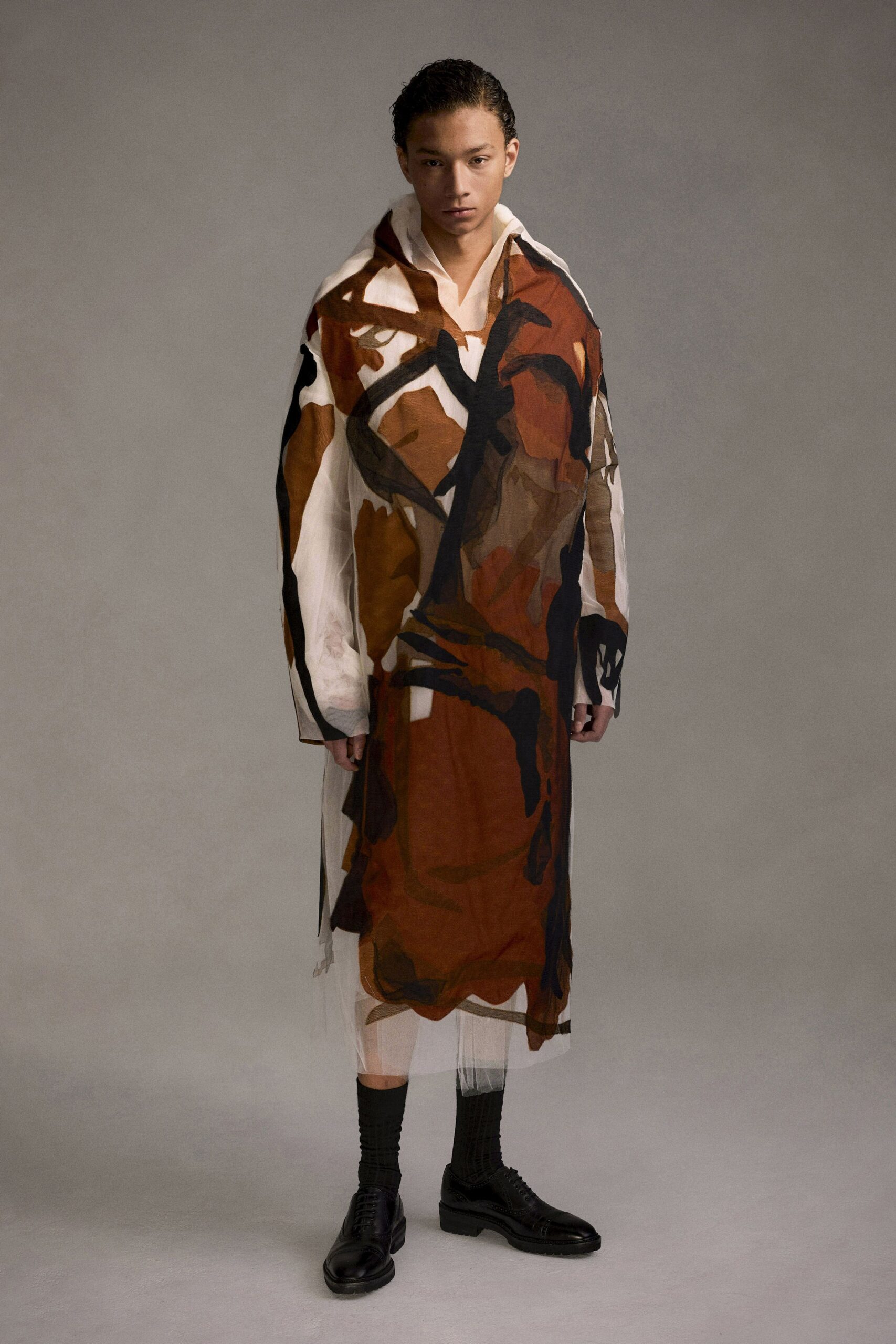 brown silk long-sleeve collared relaxed printed sheer dress