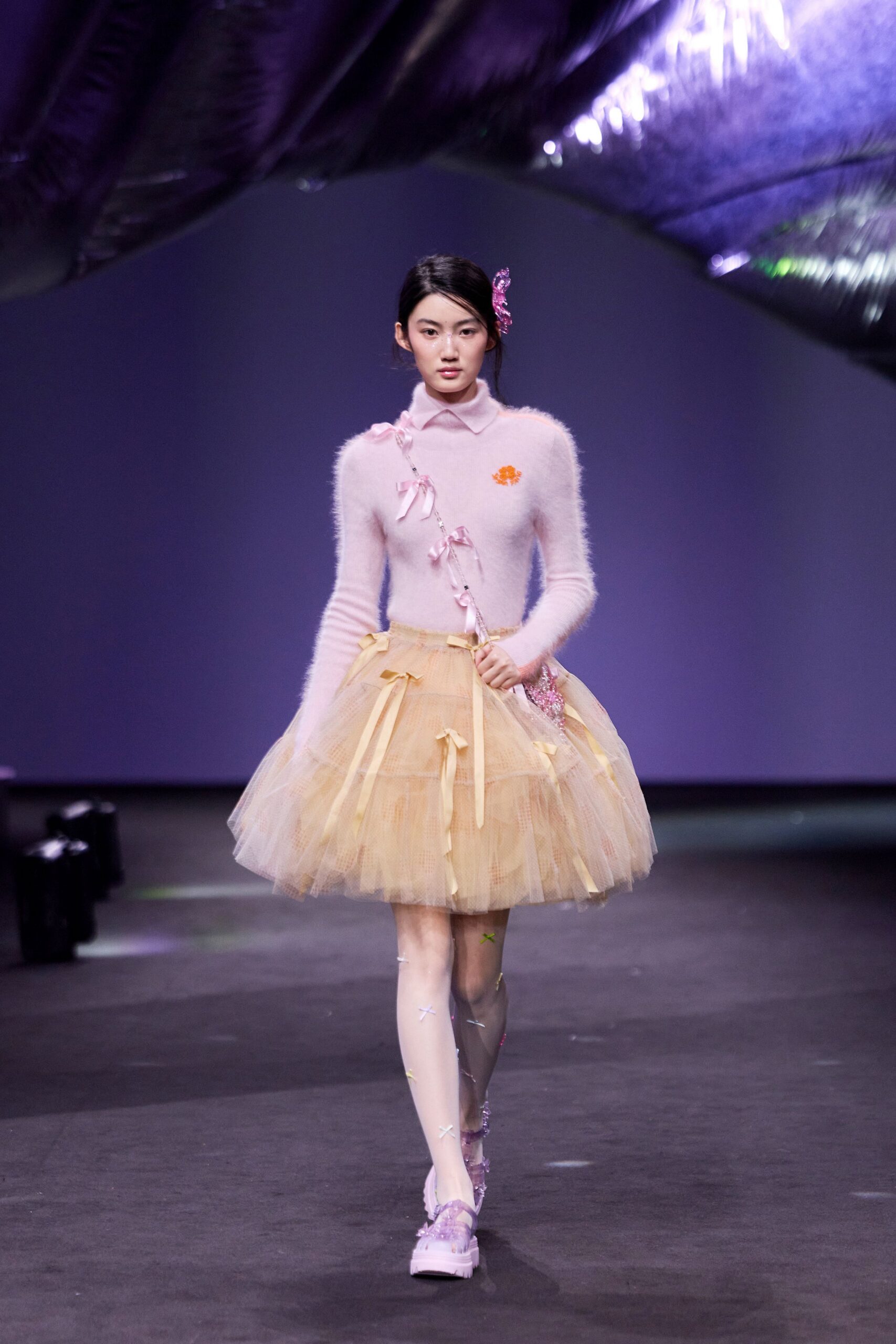 pink wool long-sleeve collared fitted ruffled top