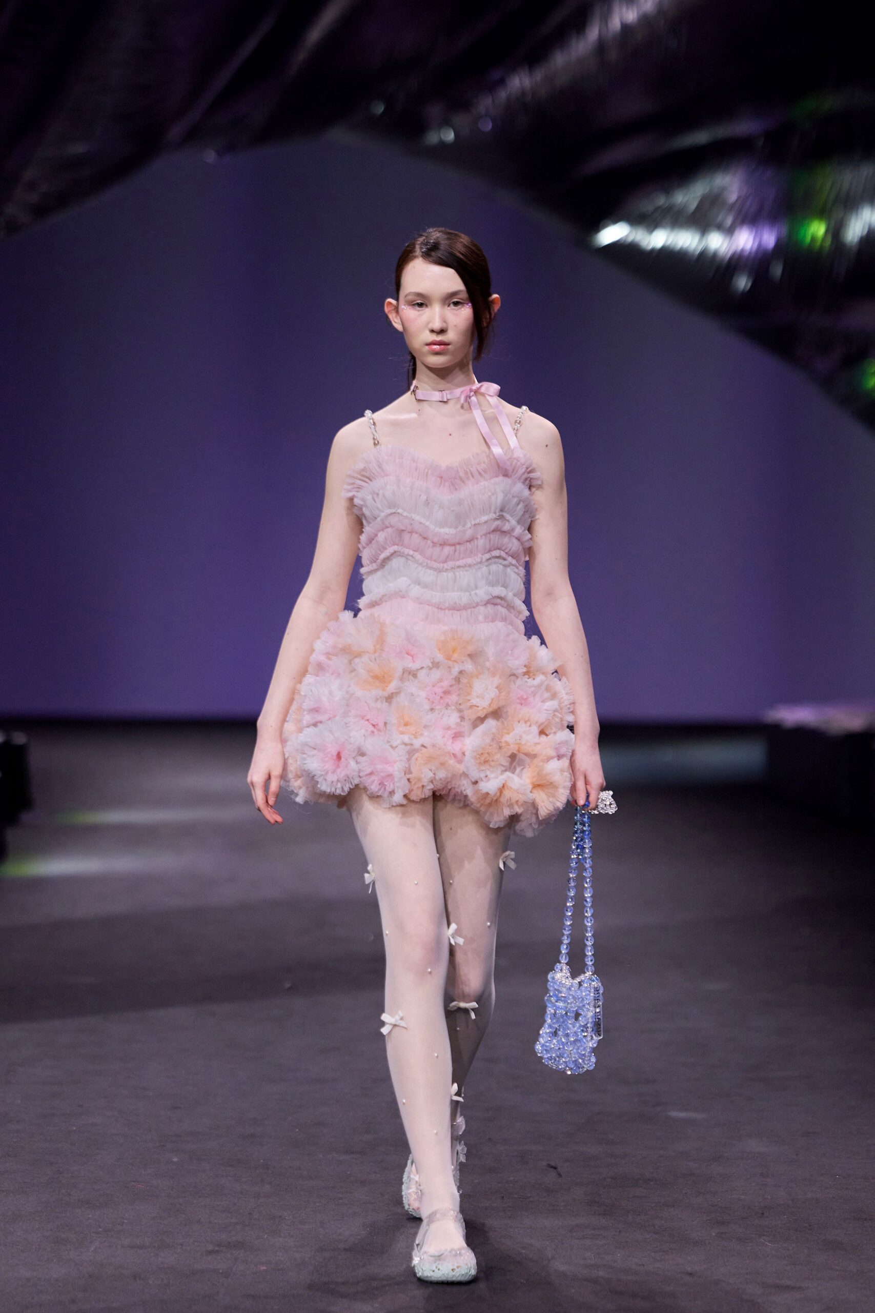 pink tulle sleeveless v-neck fitted ruffled tiered dress