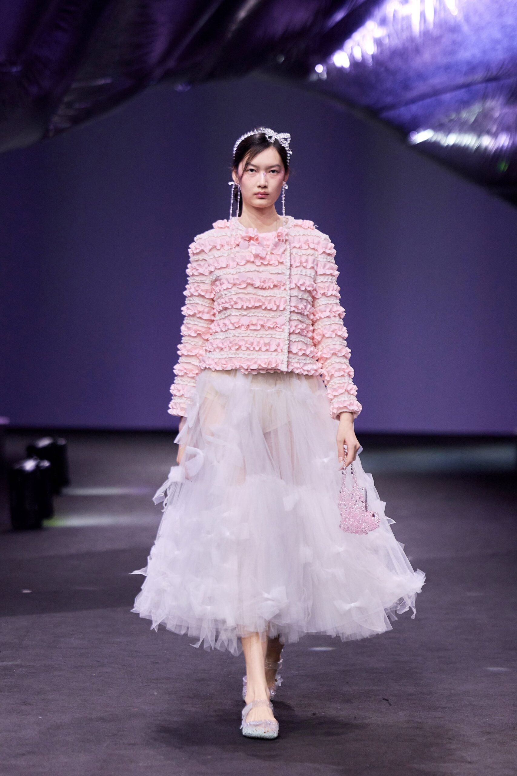 pink silk long-sleeve collared fitted ruffled jacket