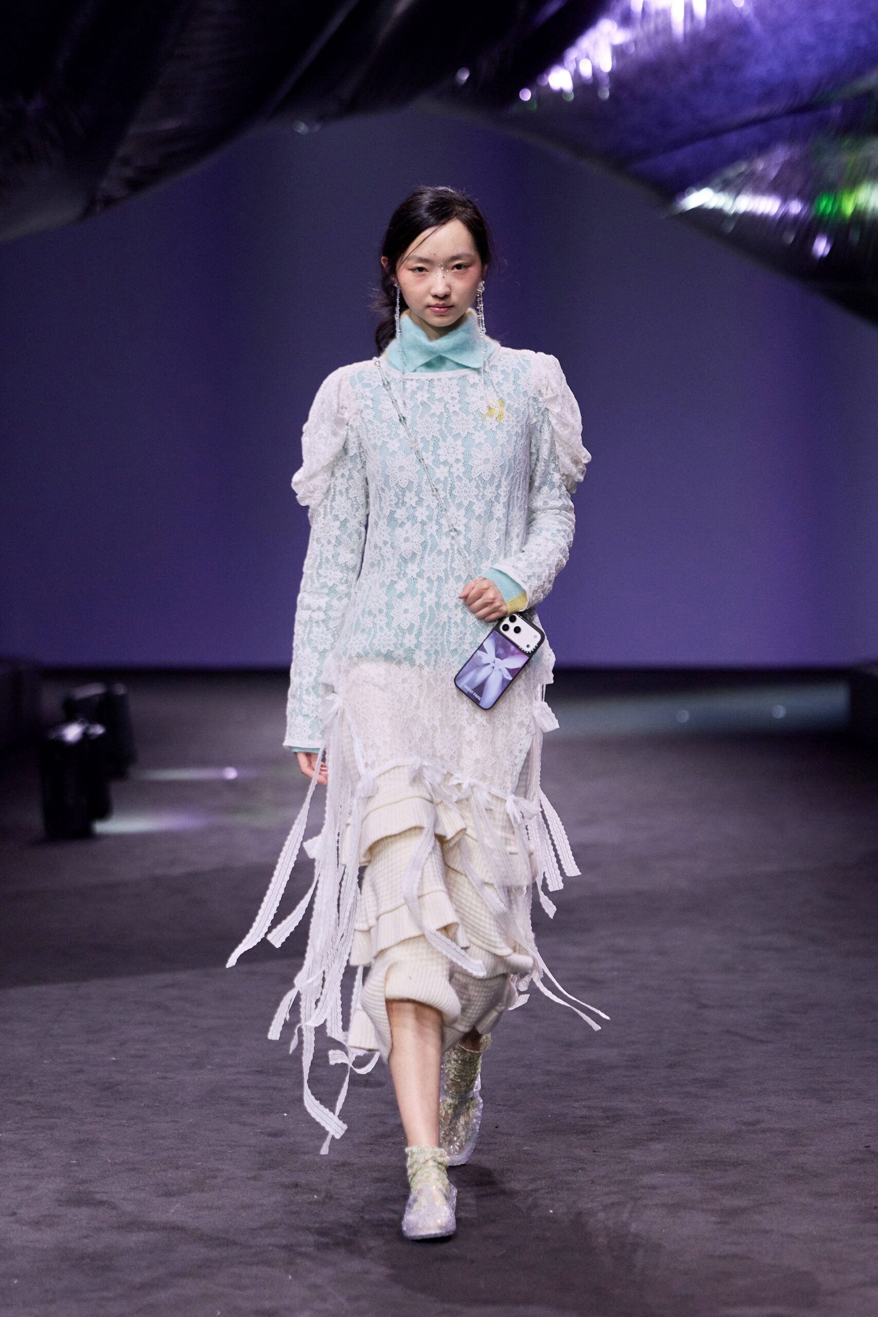 white lace long-sleeve high-neck fitted ruffled layered dress