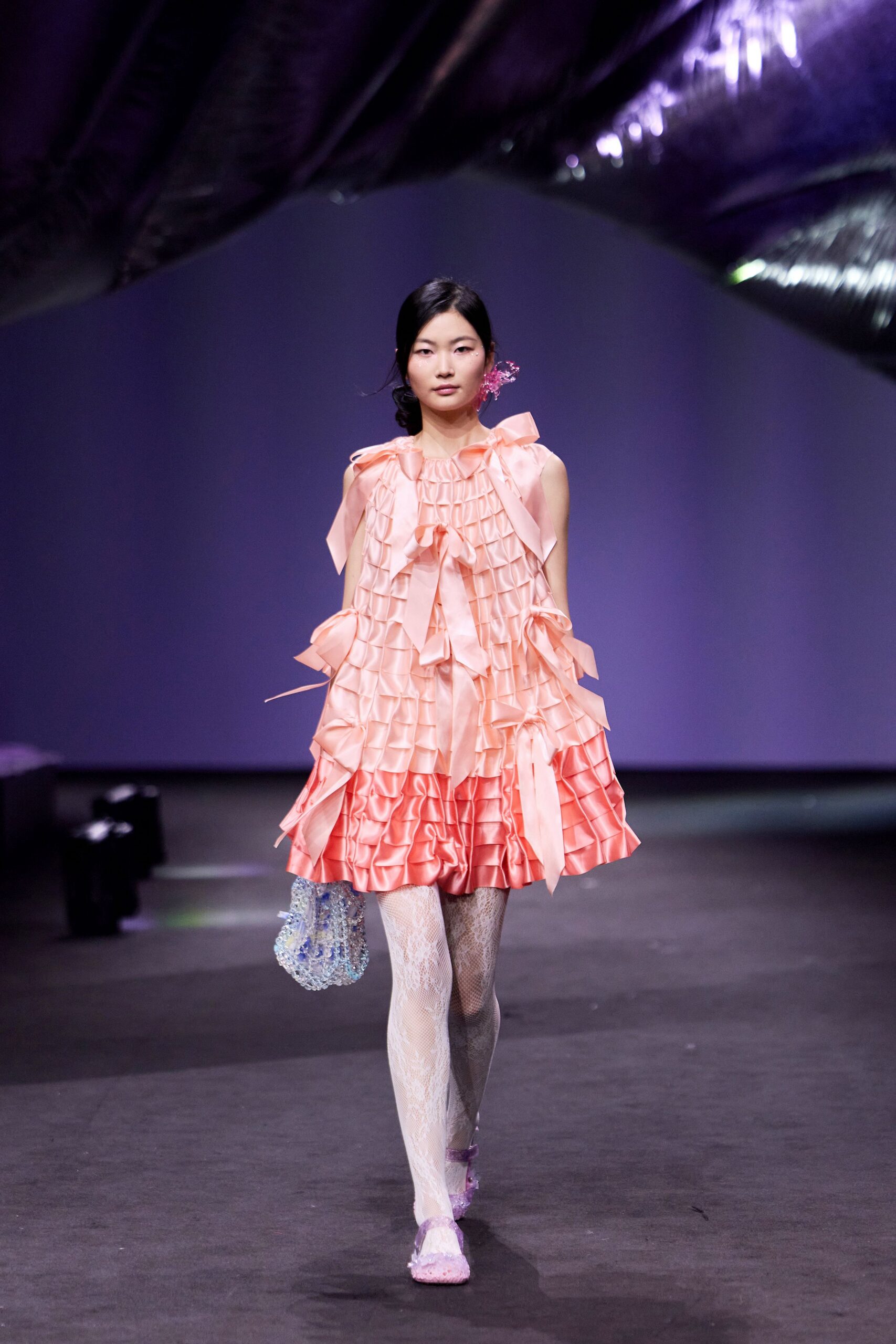 pink silk sleeveless fitted ruffled pleated mini dress
