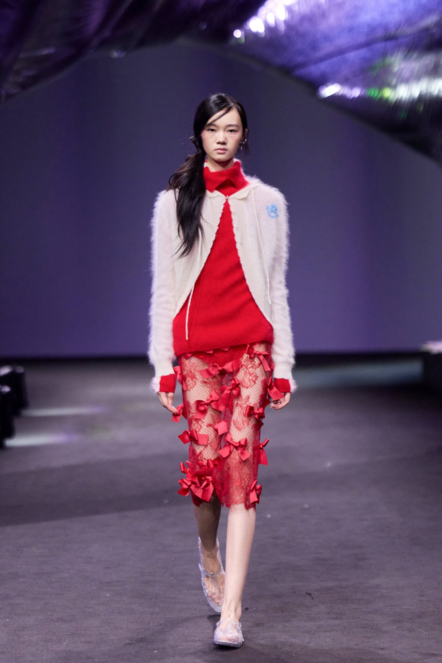 white wool long-sleeve collared fitted ruffled jacket