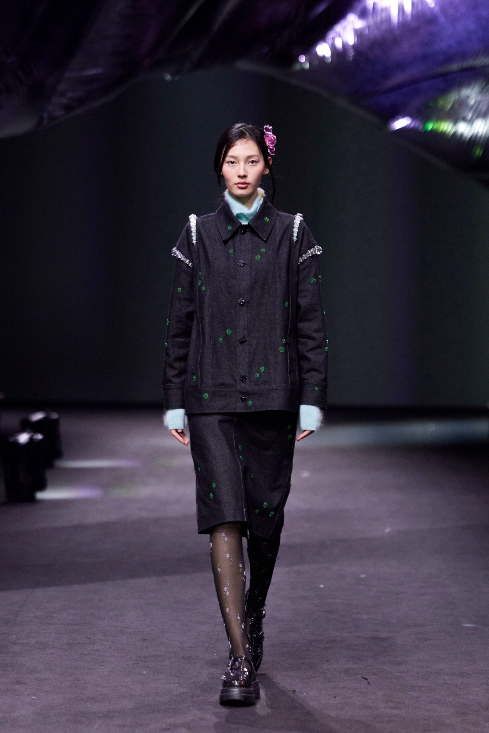 black denim long-sleeve collared fitted embroidered jacket