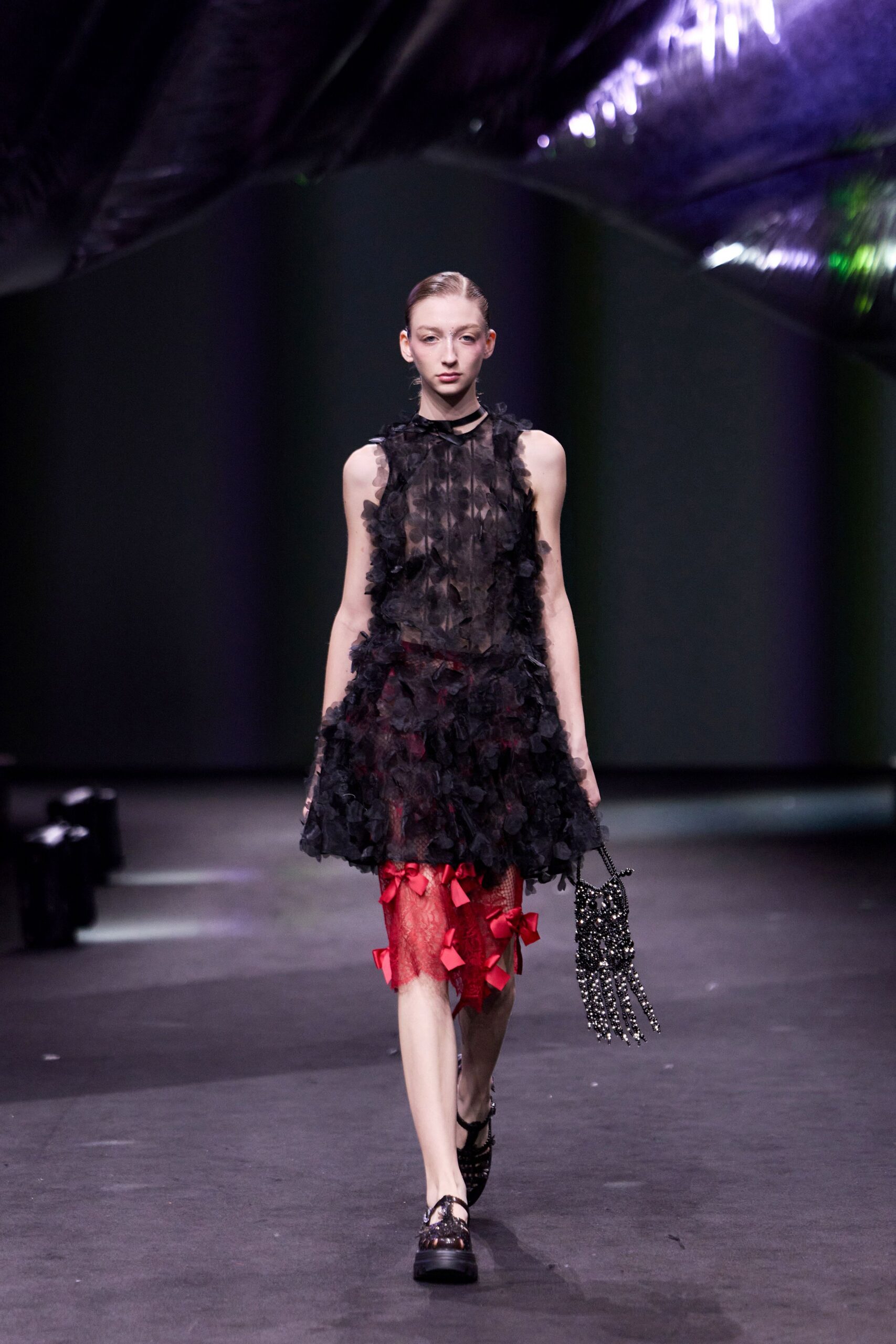 black silk sleeveless high-neck fitted ruffled layered dress