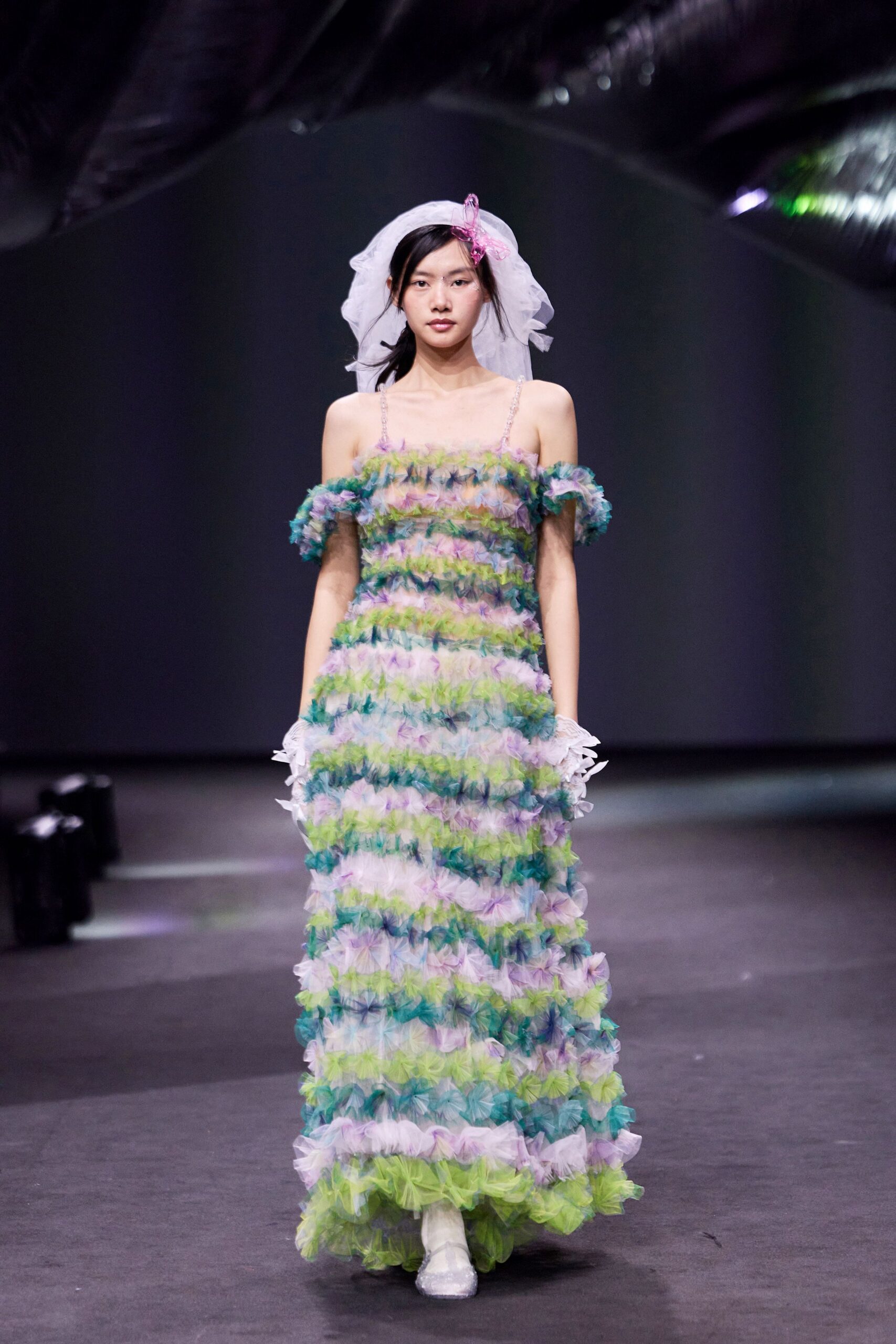 layered green blue purple gown