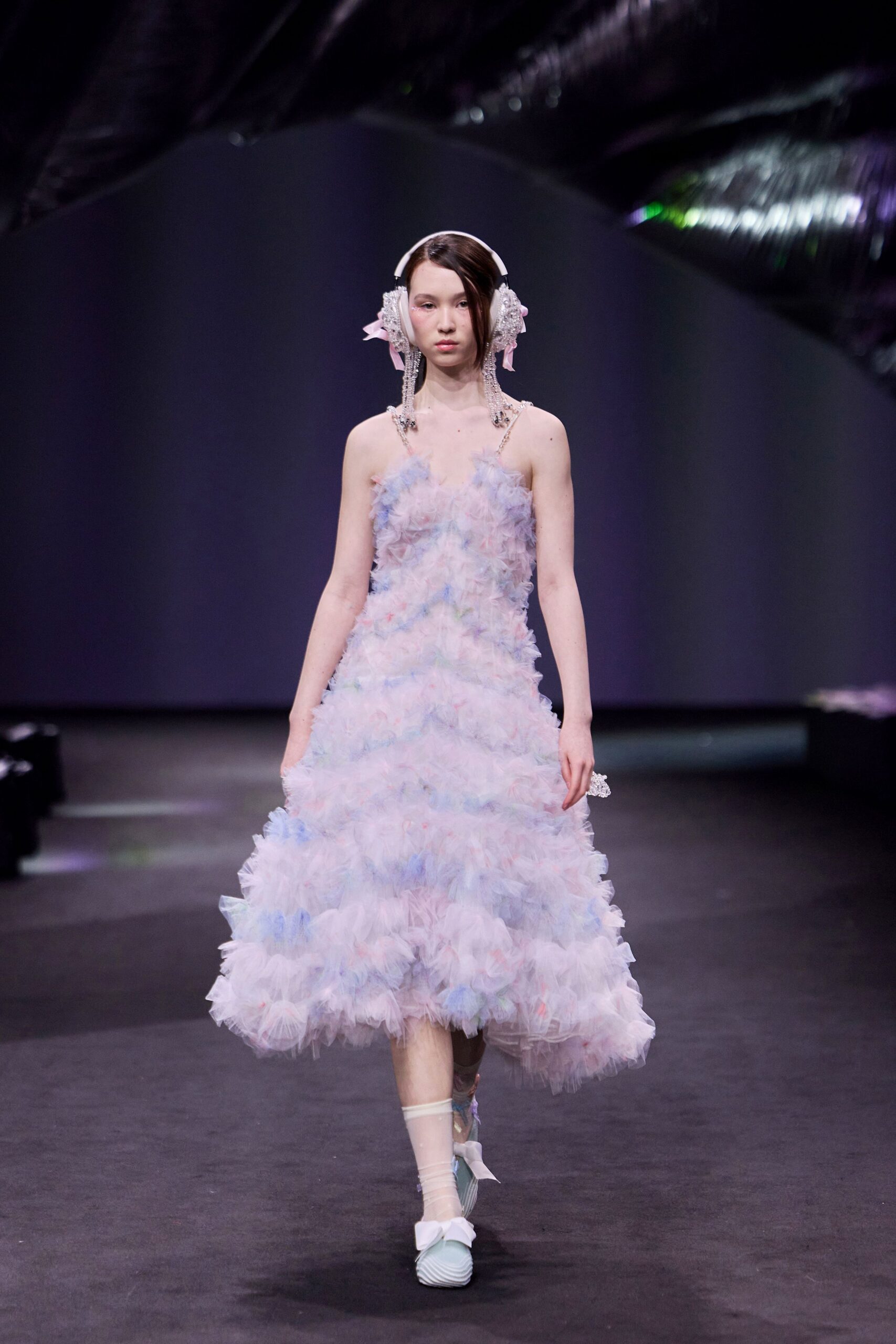 pink tulle sleeveless fitted tiered flowing midi dress