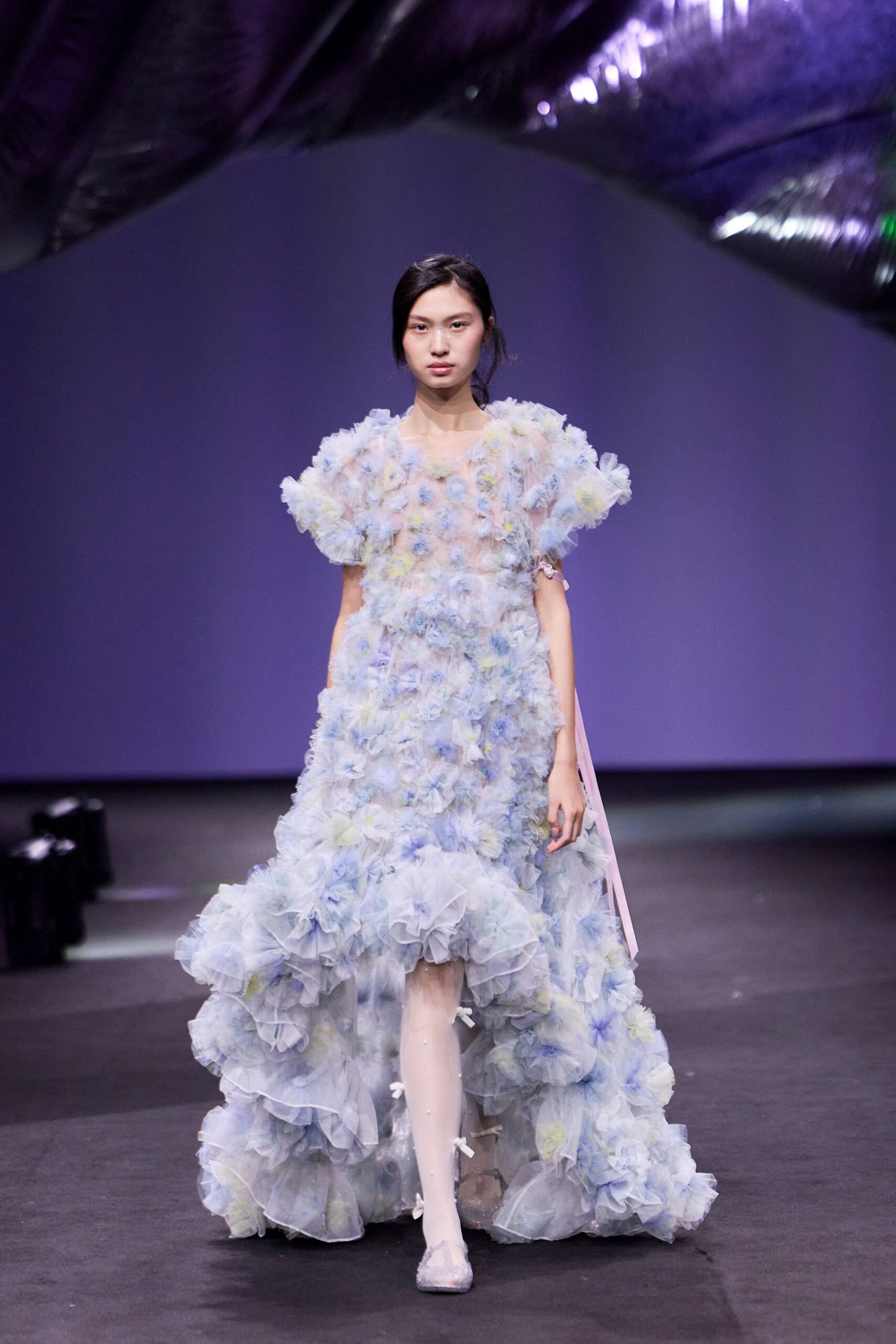 blue tulle short-sleeve fitted ruffled layered flowing gown