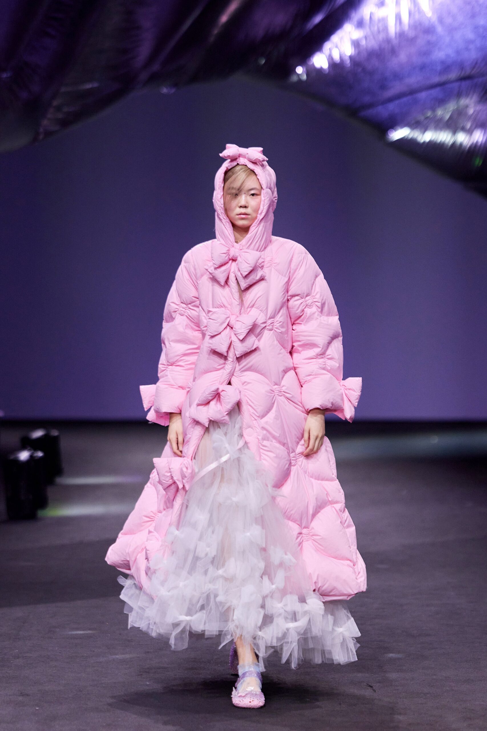 pink long-sleeve hooded oversized padded zippered maxi coat