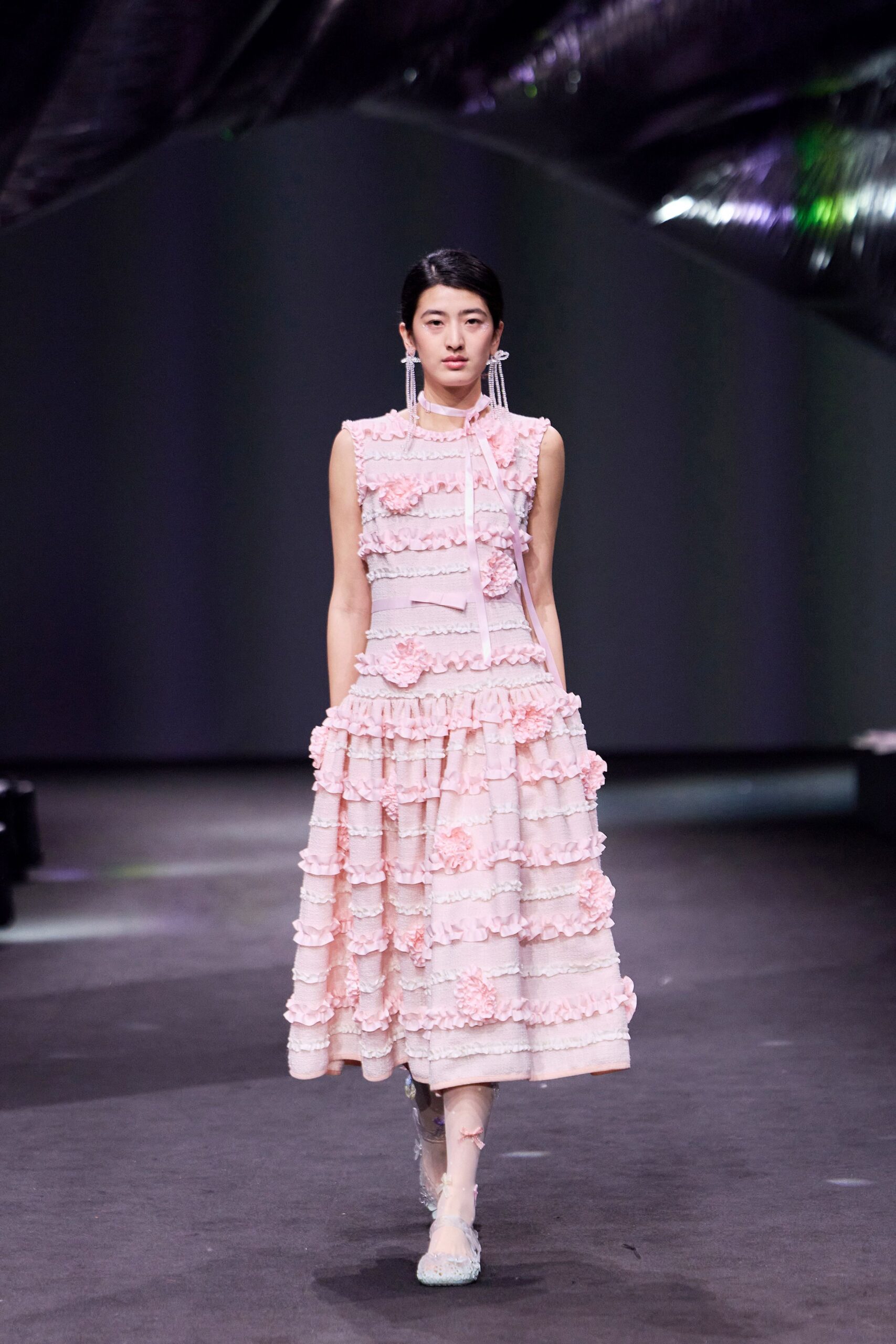 pink cotton sleeveless v-neck fitted ruffled tiered dress