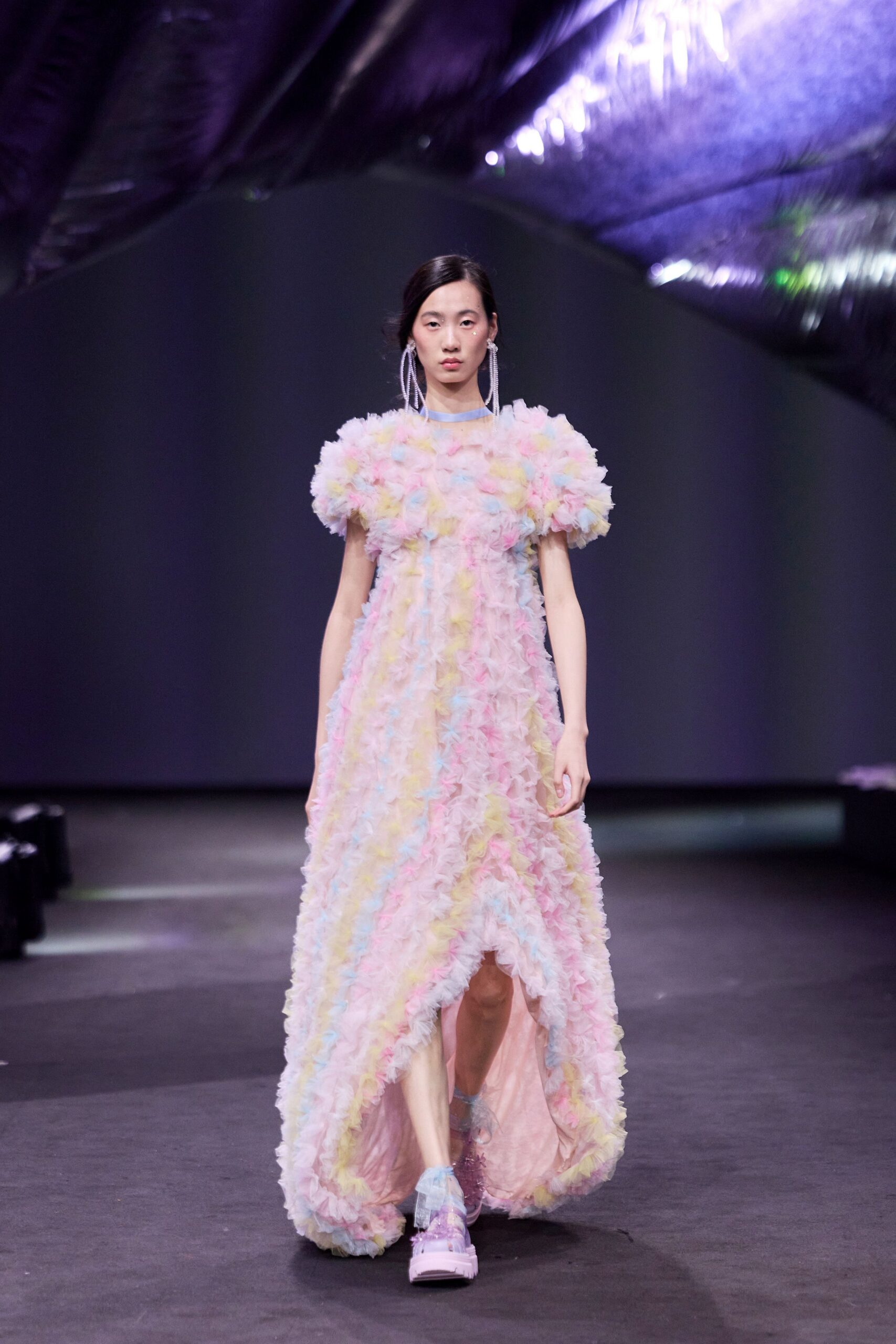 pink tulle short-sleeve relaxed layered flowing maxi gown