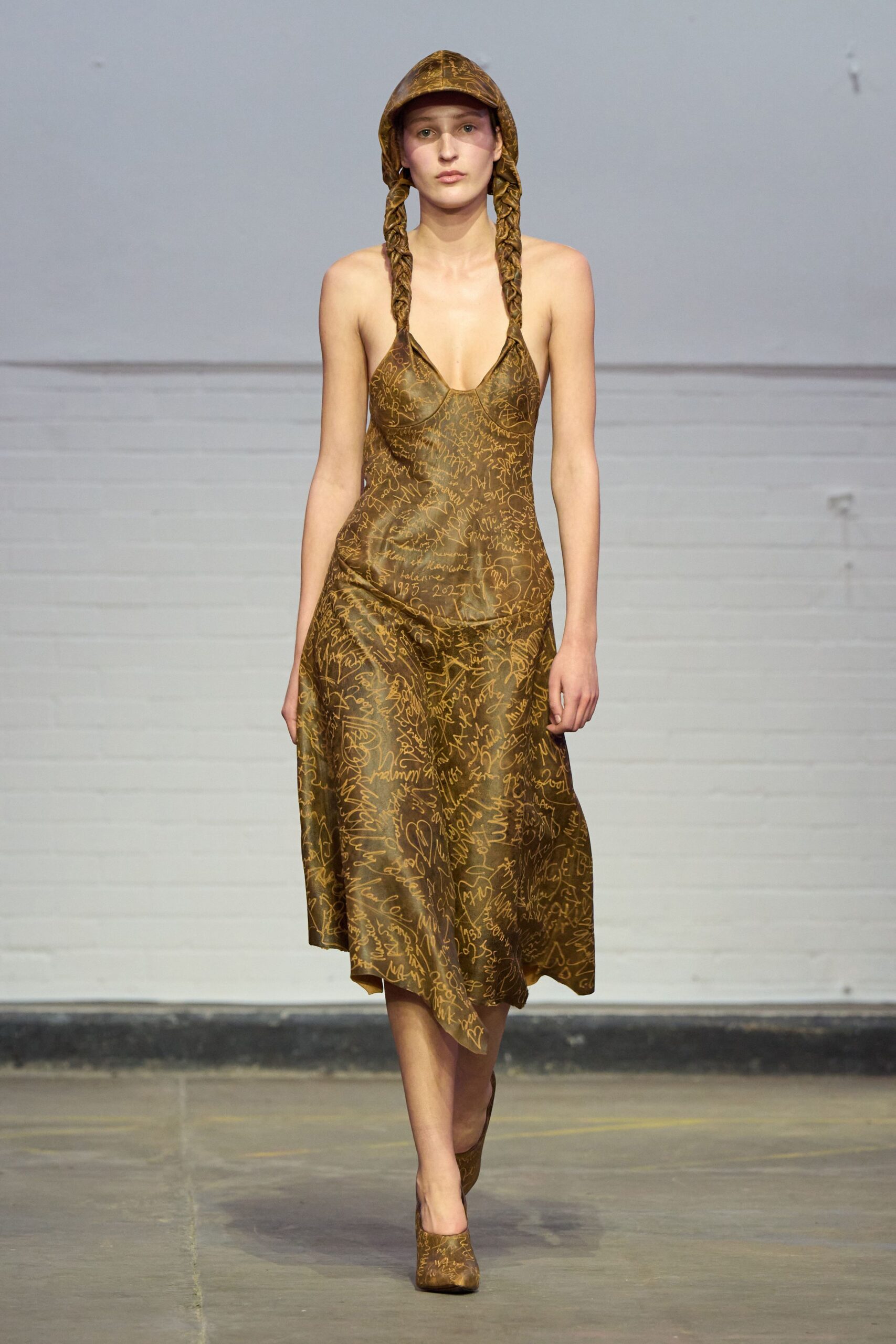 brown silk sleeveless v-neck fitted printed midi dress