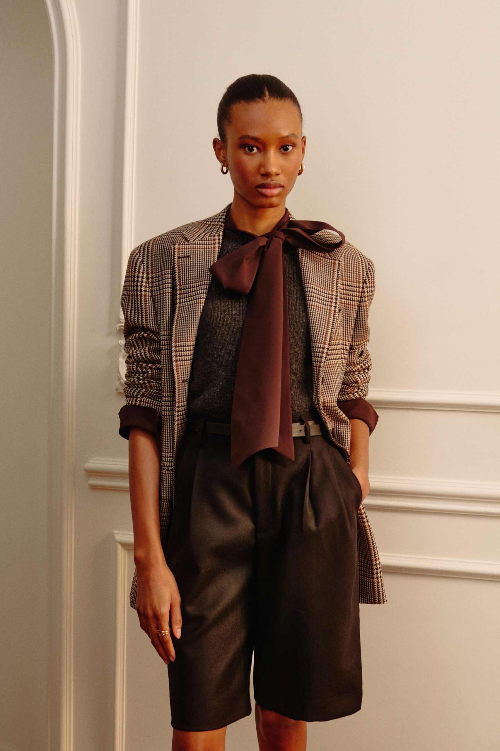 brown wool long-sleeve collared tailored checked blazer
