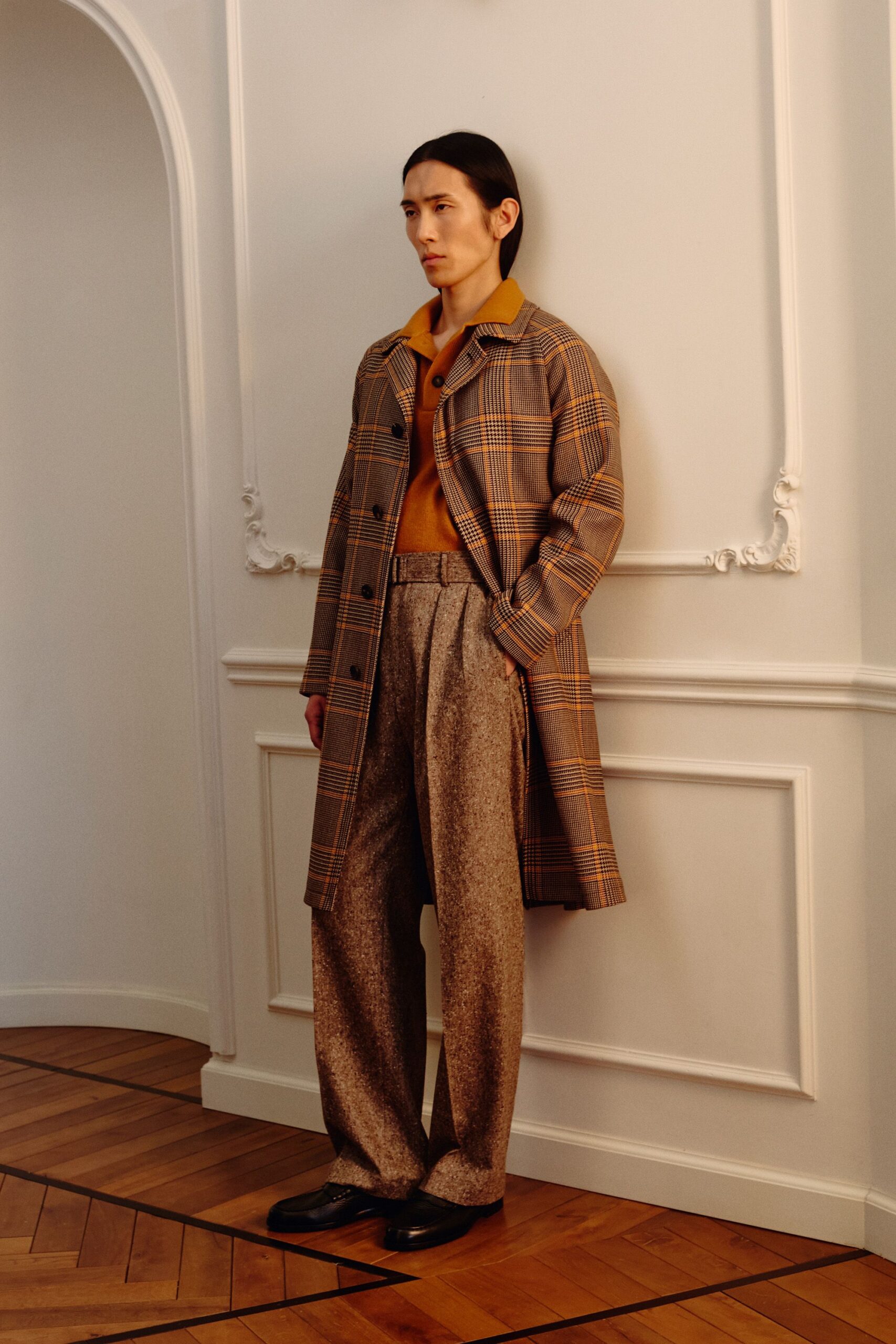 brown checked coat with gray pants