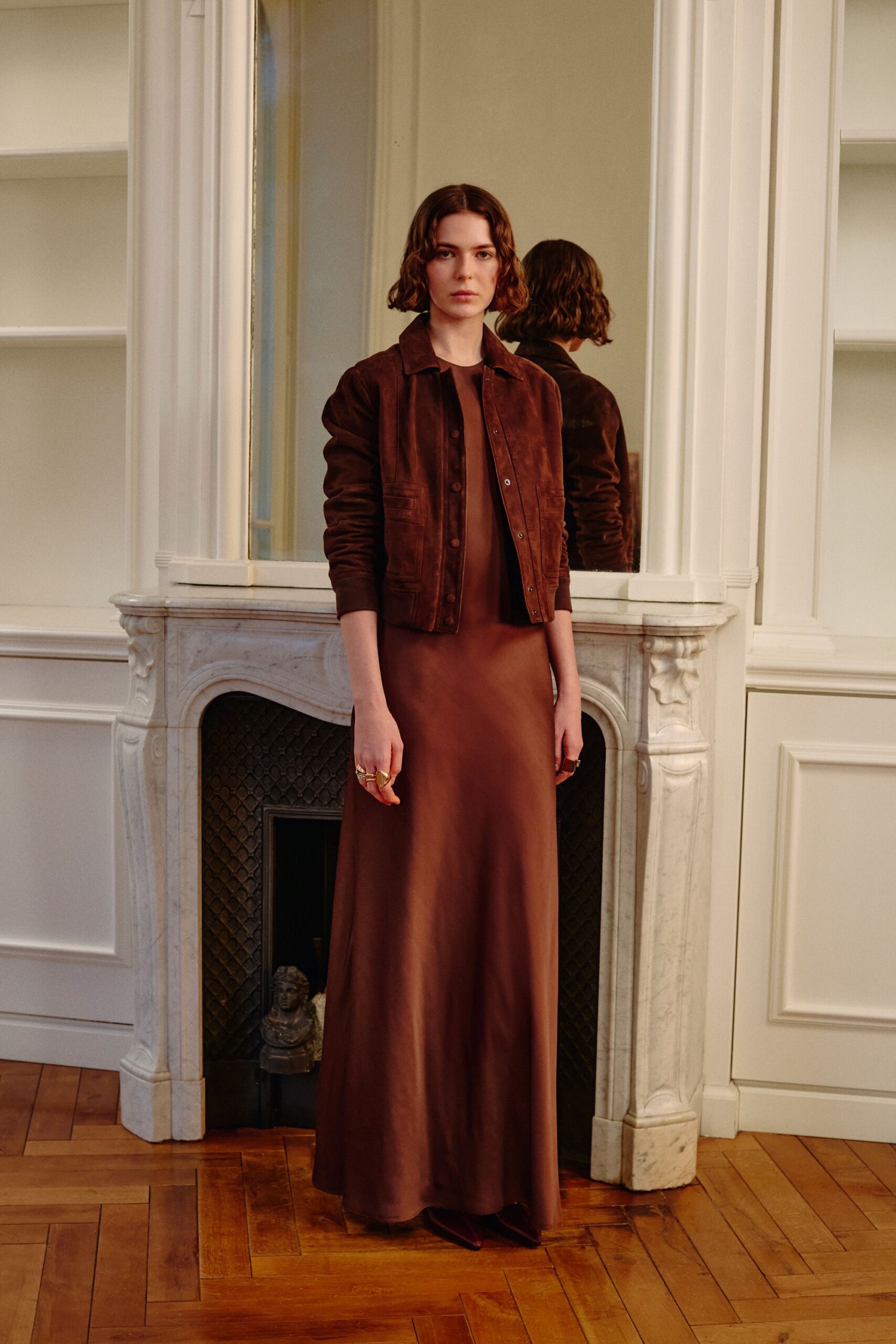 brown suede long-sleeve collared fitted buttoned jacket