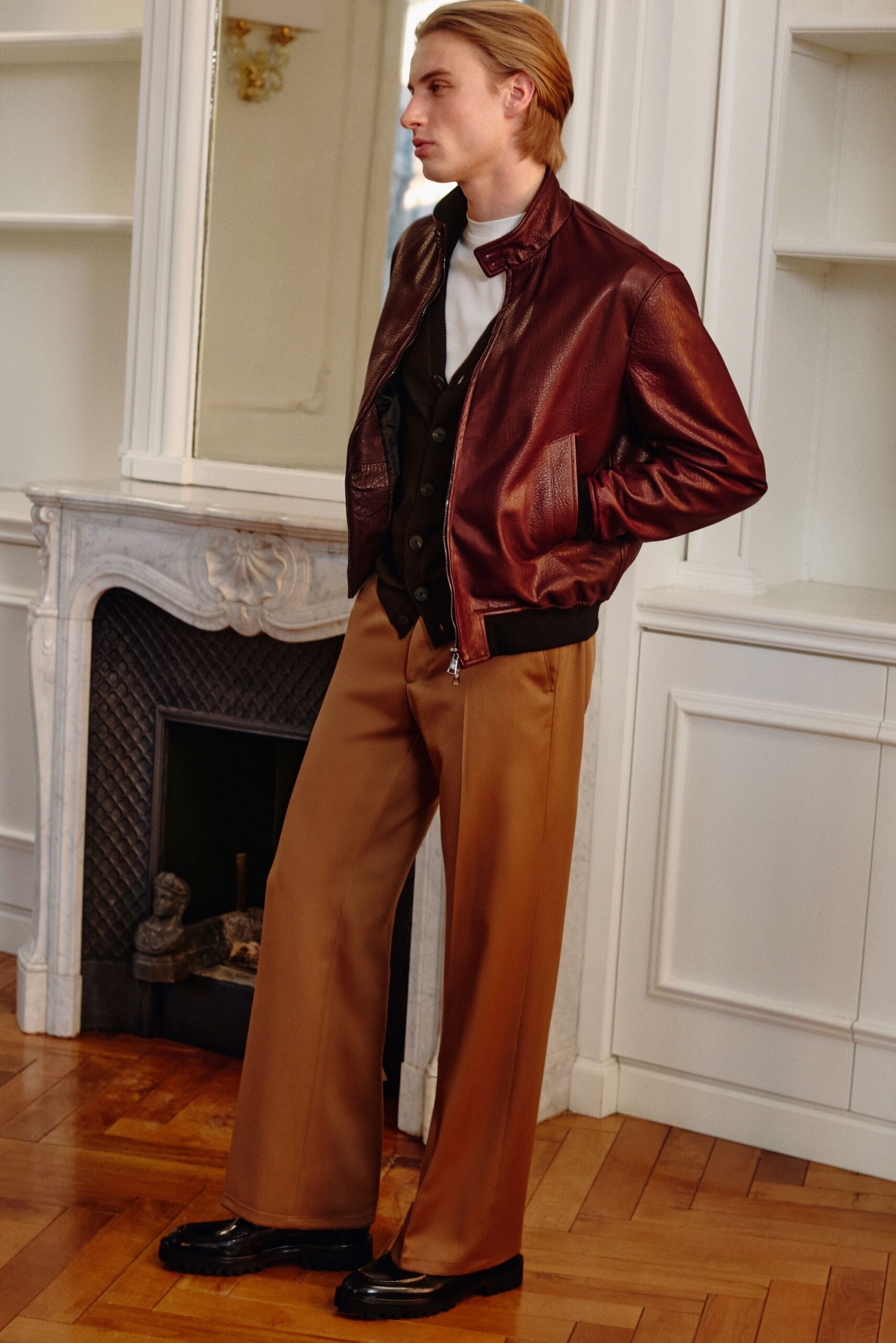 brown leather jacket with black vest