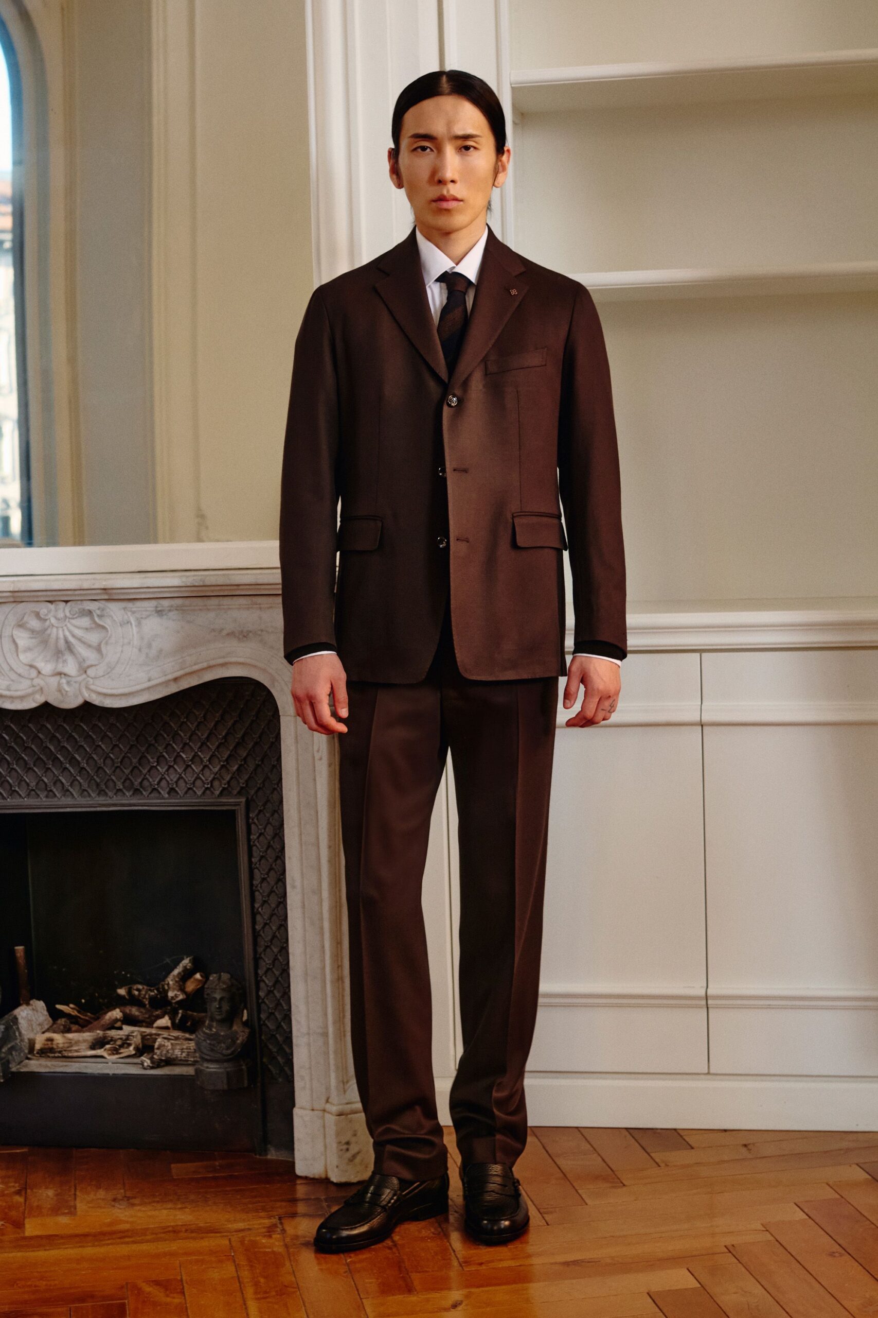 brown silk long-sleeve collared tailored buttoned suit
