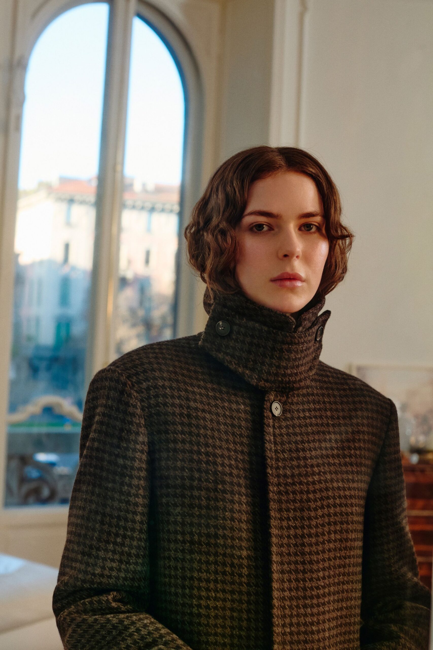 brown checked wool coat
