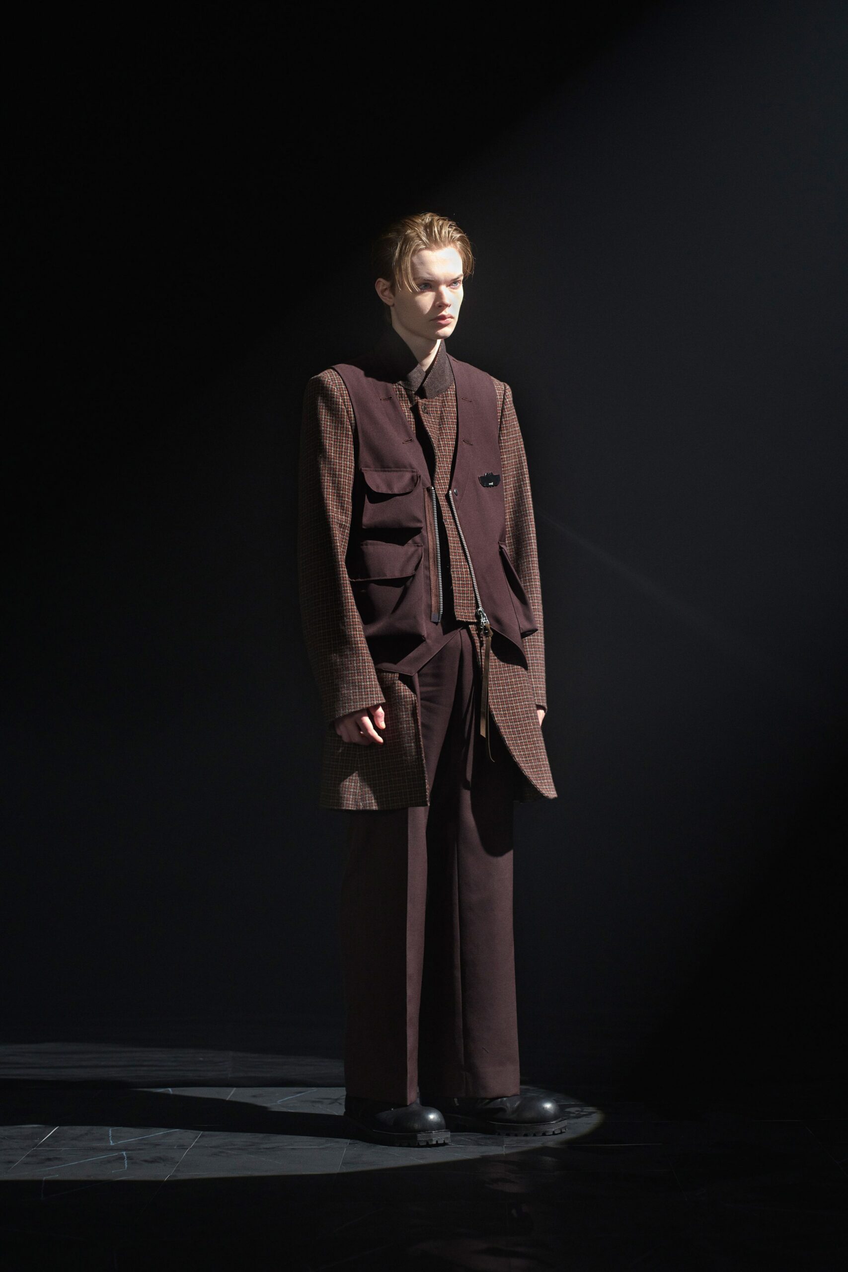 brown relaxed vest with tailored pants