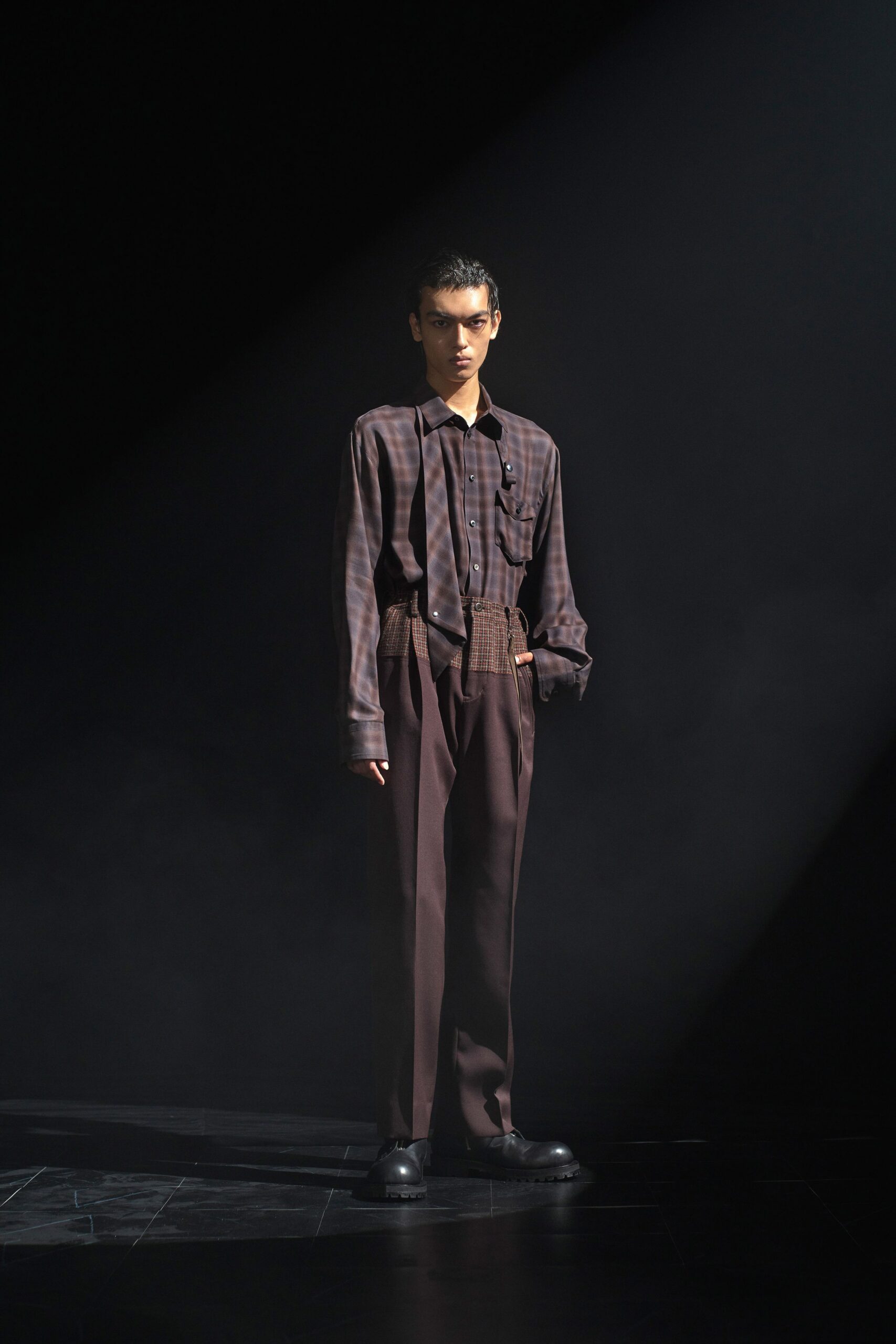 brown checked shirt with tailored pants
