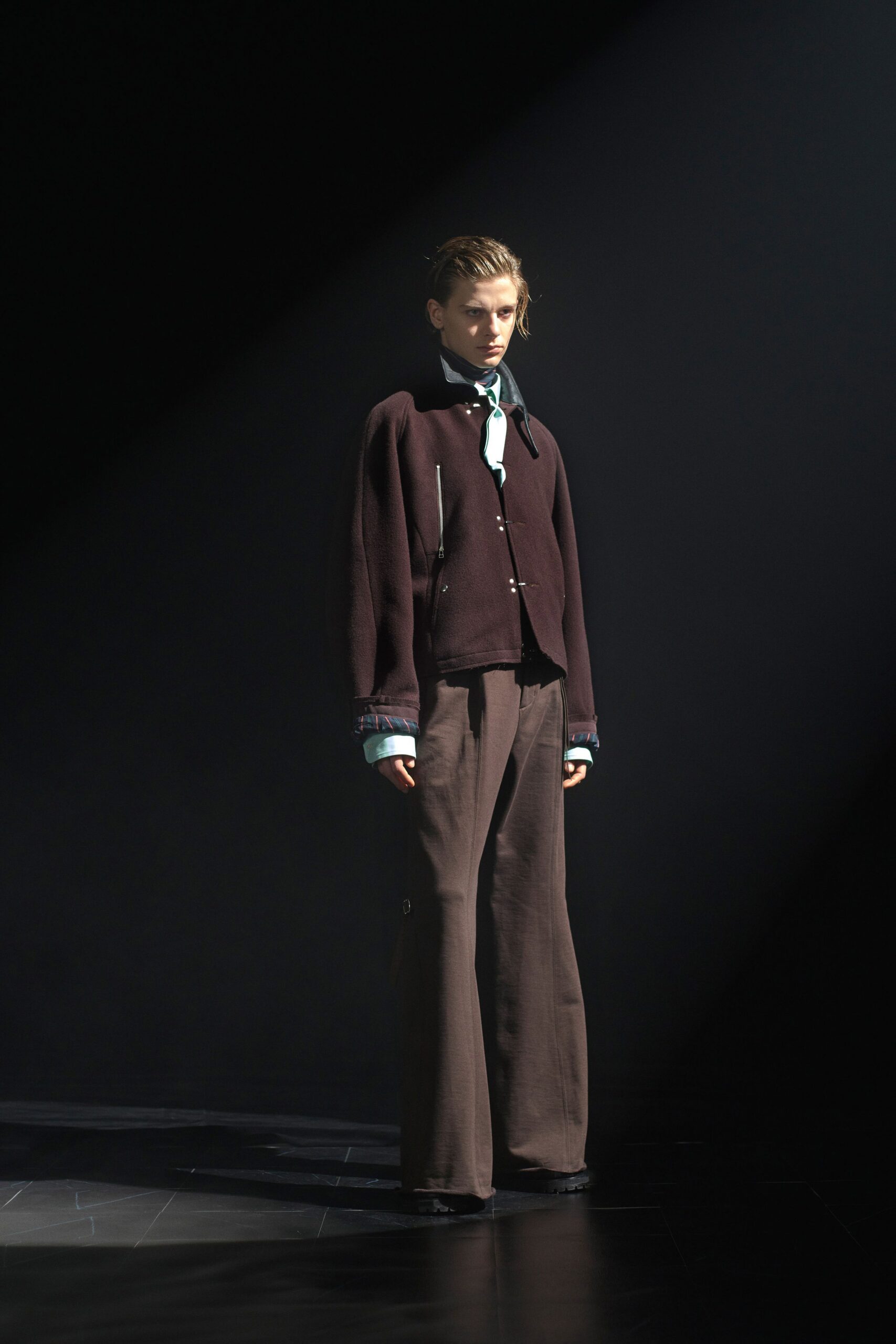 brown relaxed jacket with white shirt