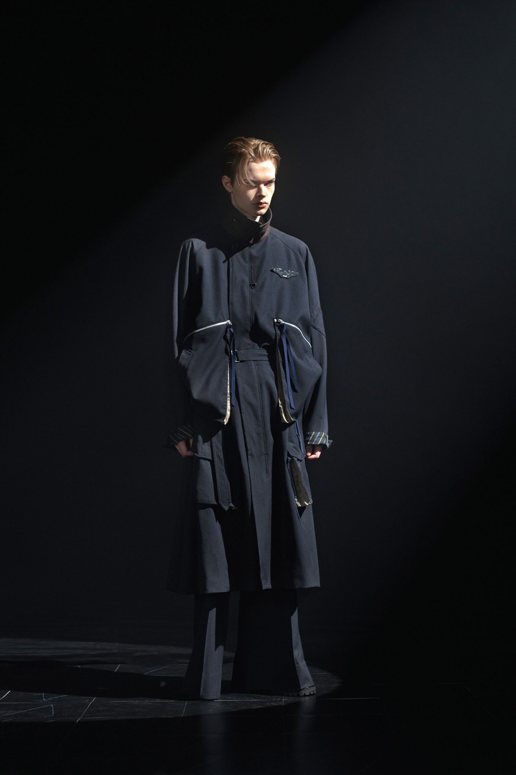 black fitted coat and pants
