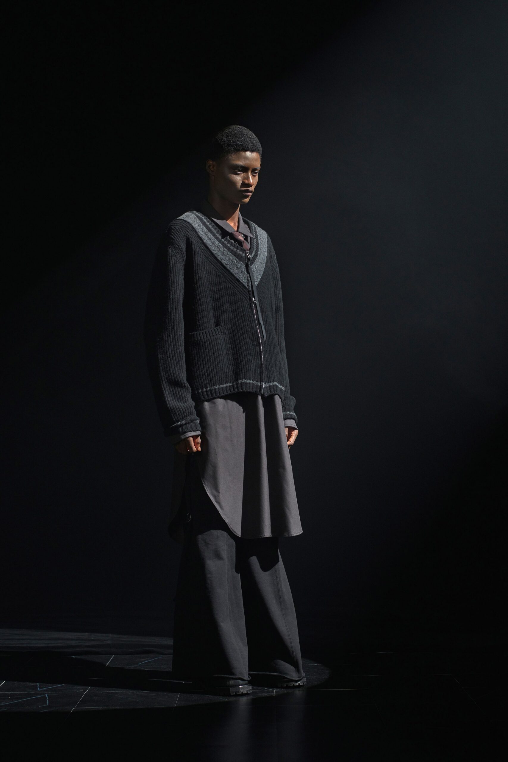 black wool long-sleeve v-neck relaxed layered cardigan