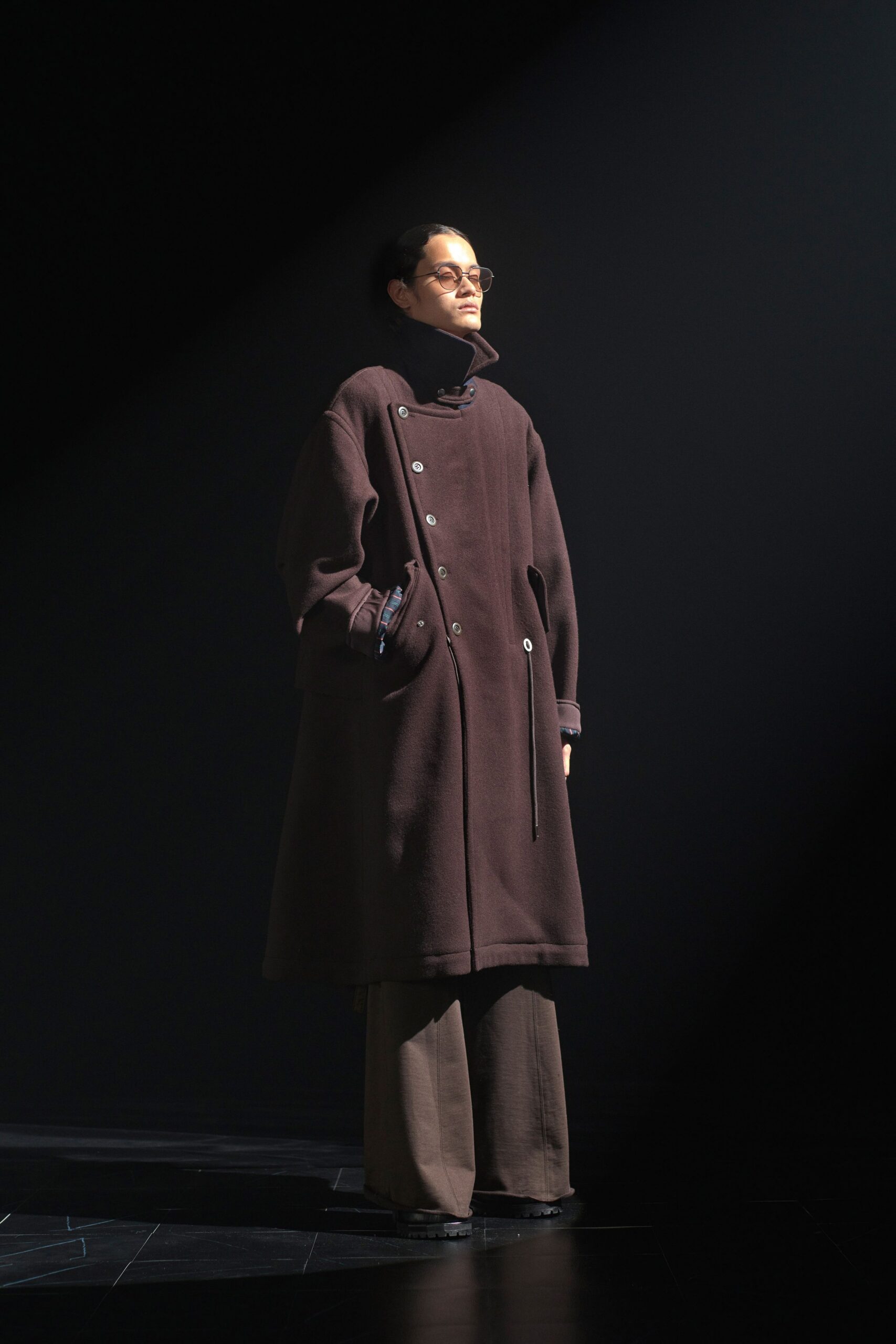brown wool coat with wide-leg pants