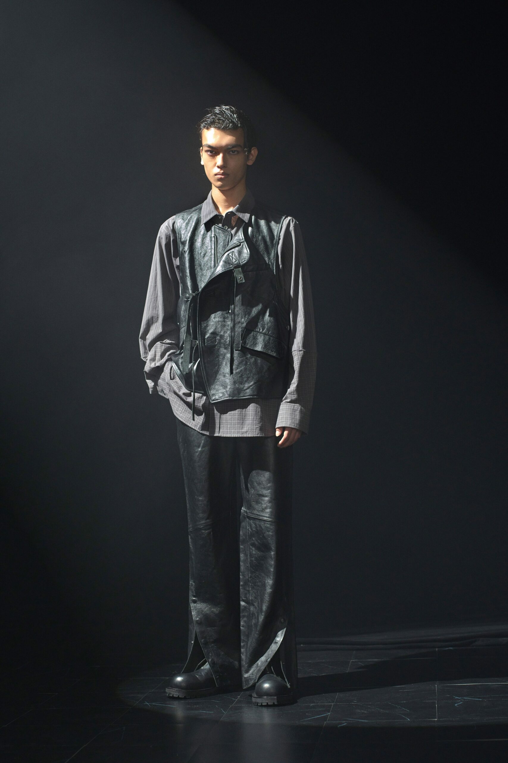 black leather tailored straight-leg pants