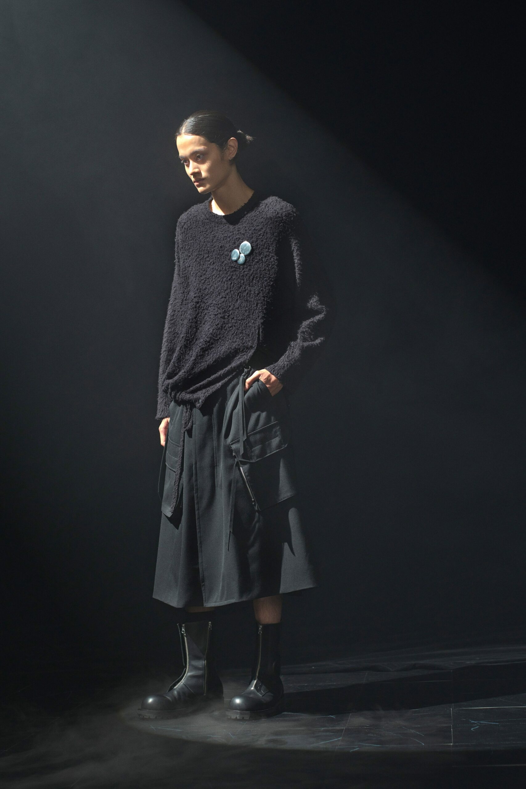 black wool long-sleeve collared relaxed textured sweater