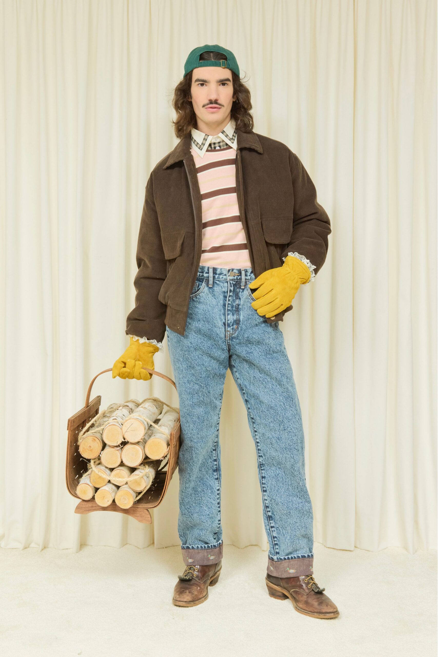 brown jacket with striped shirt