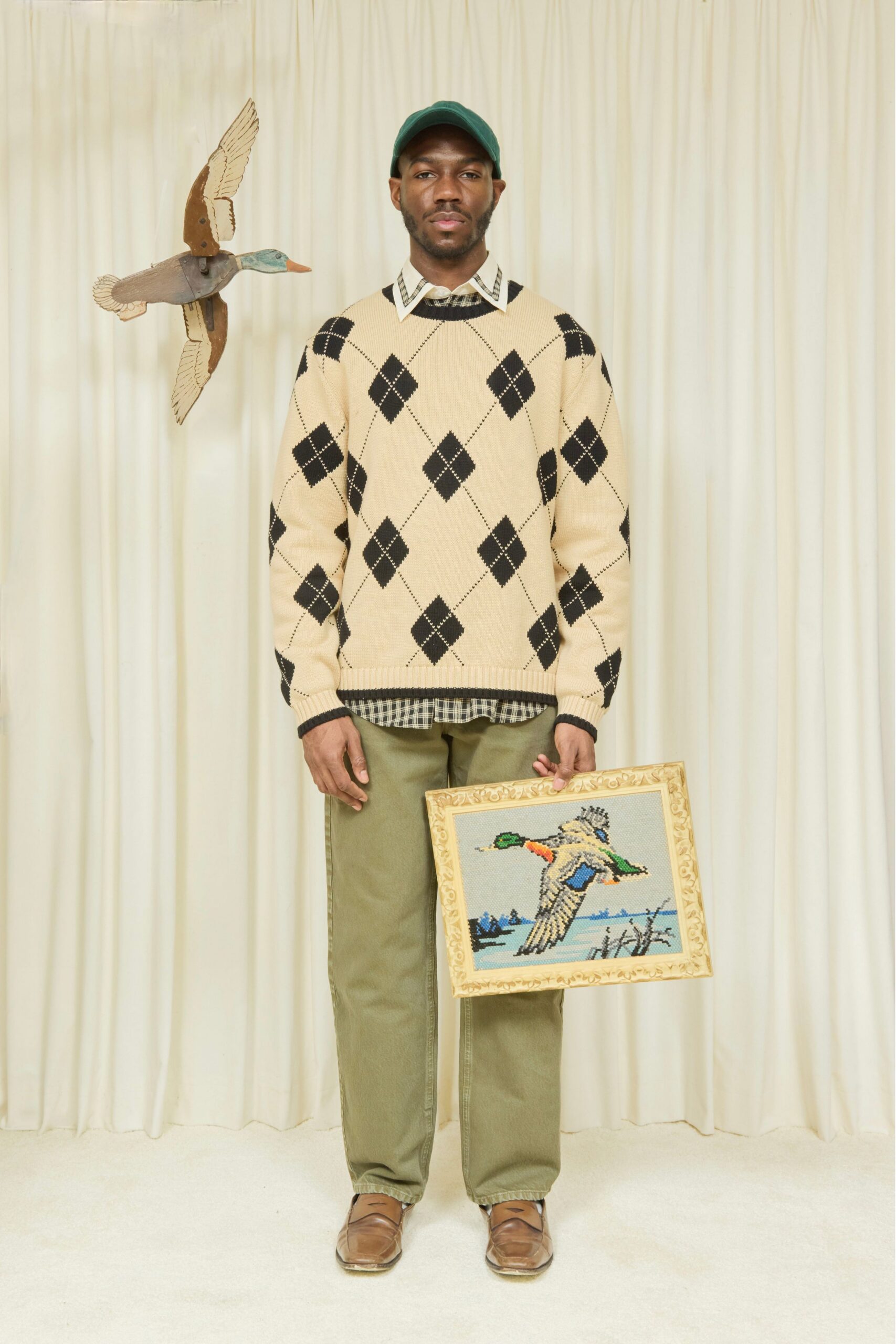 beige cotton long-sleeve collared relaxed sweater