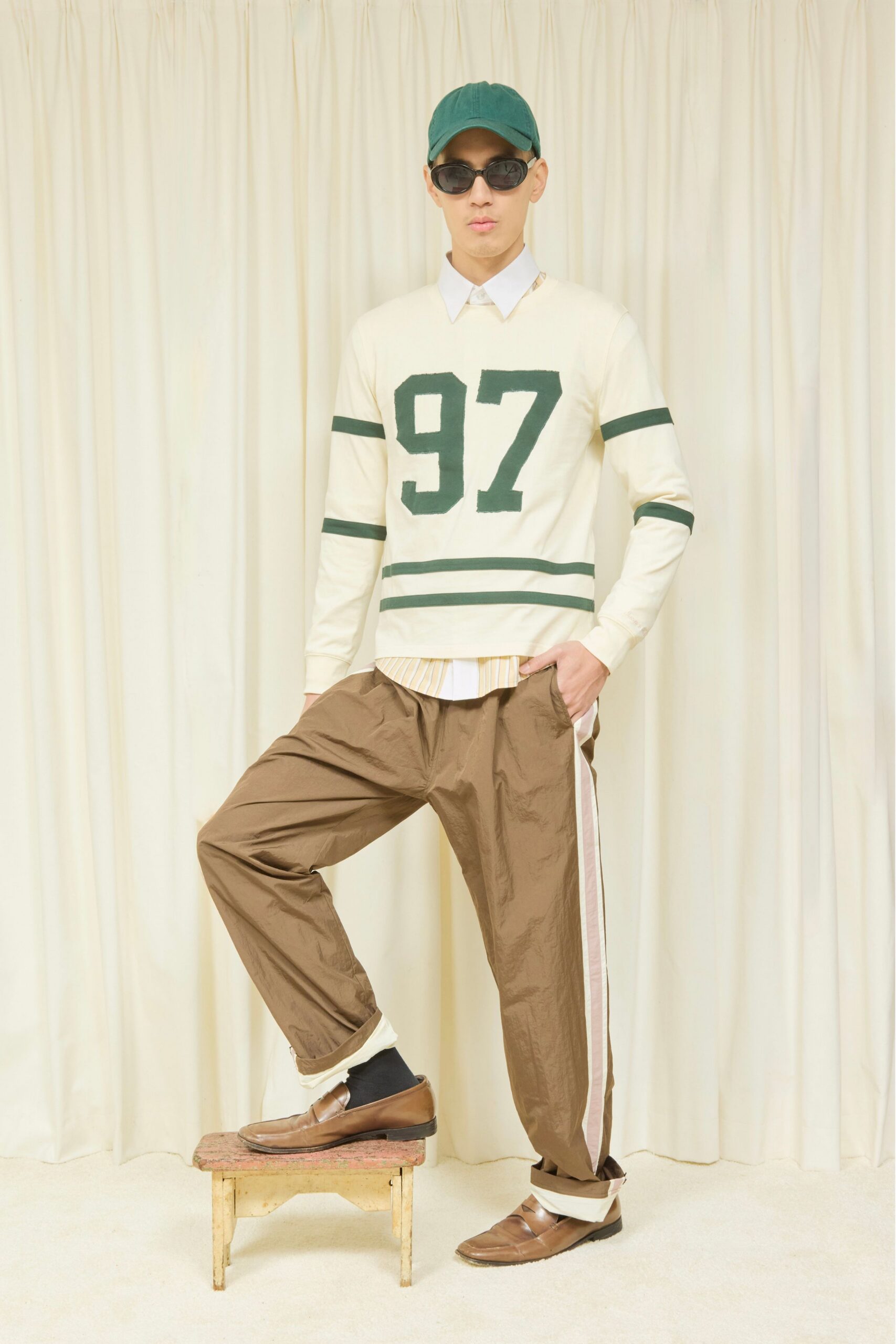 white cotton long-sleeve collared fitted striped sweater