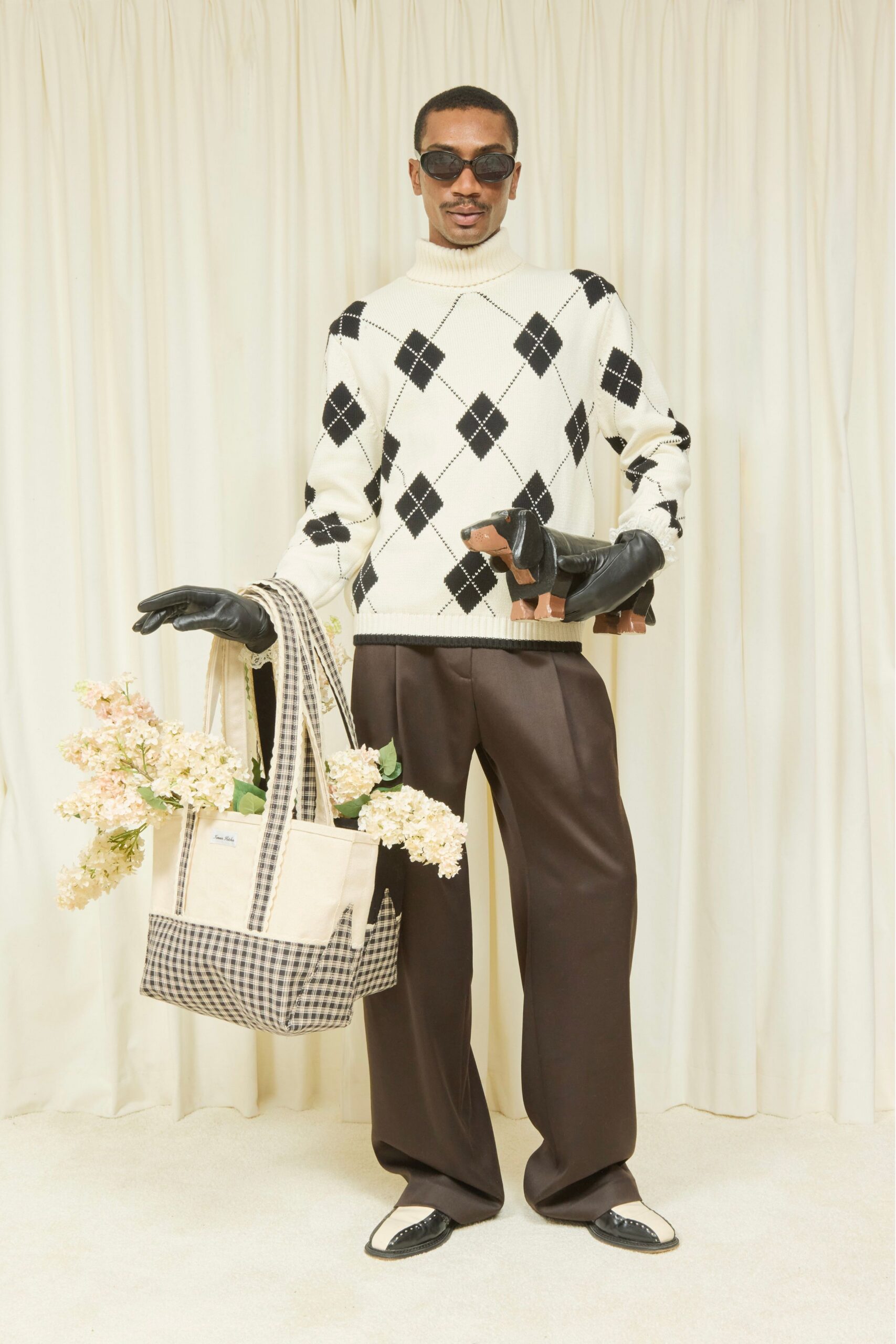 beige cotton checked bag