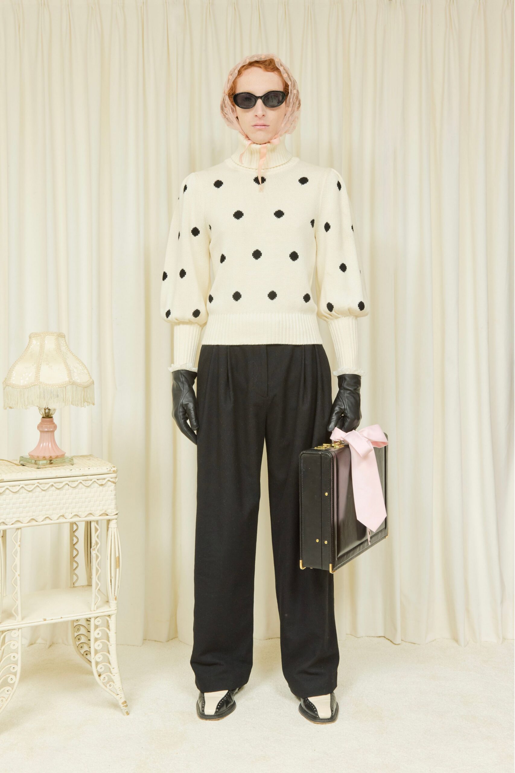 white cotton long-sleeve turtleneck relaxed polka-dot sweater