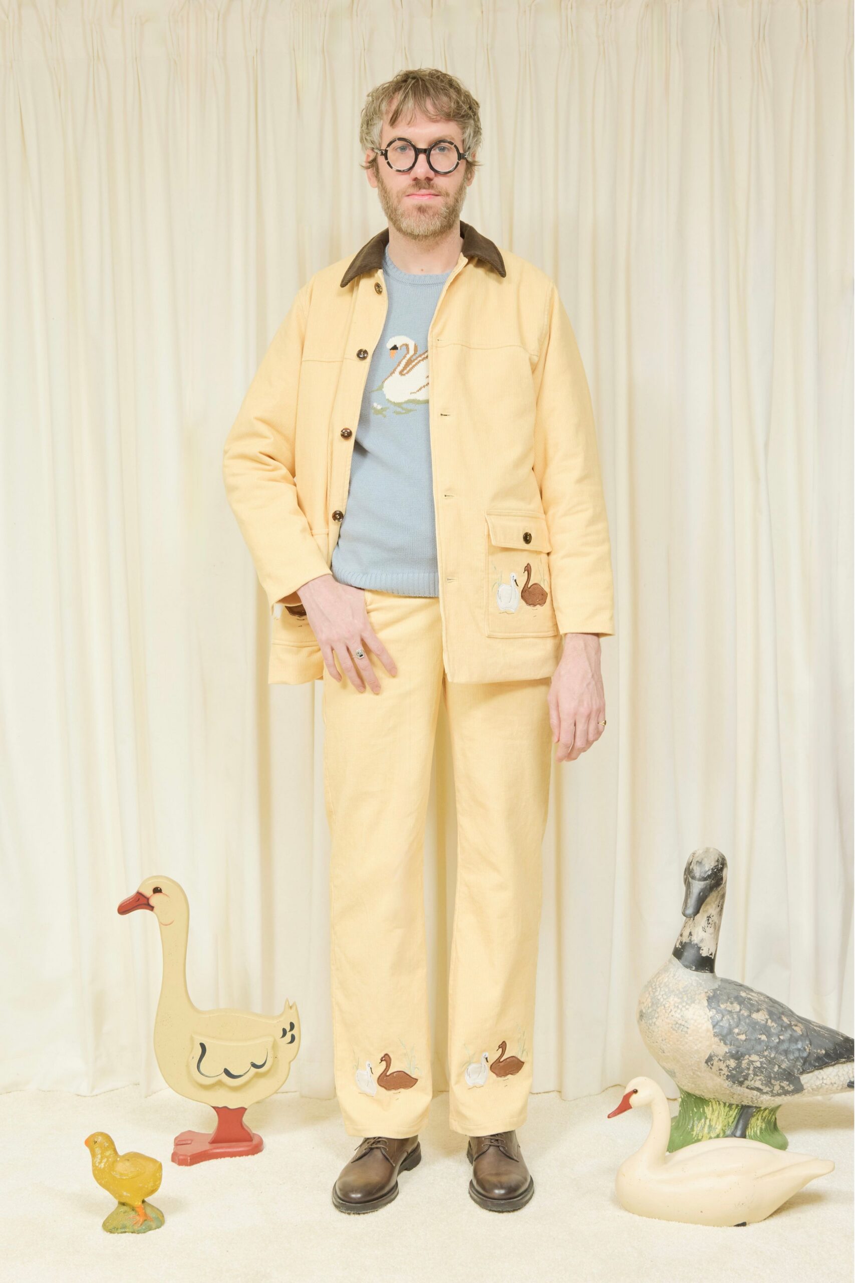 yellow cotton relaxed embroidered pants