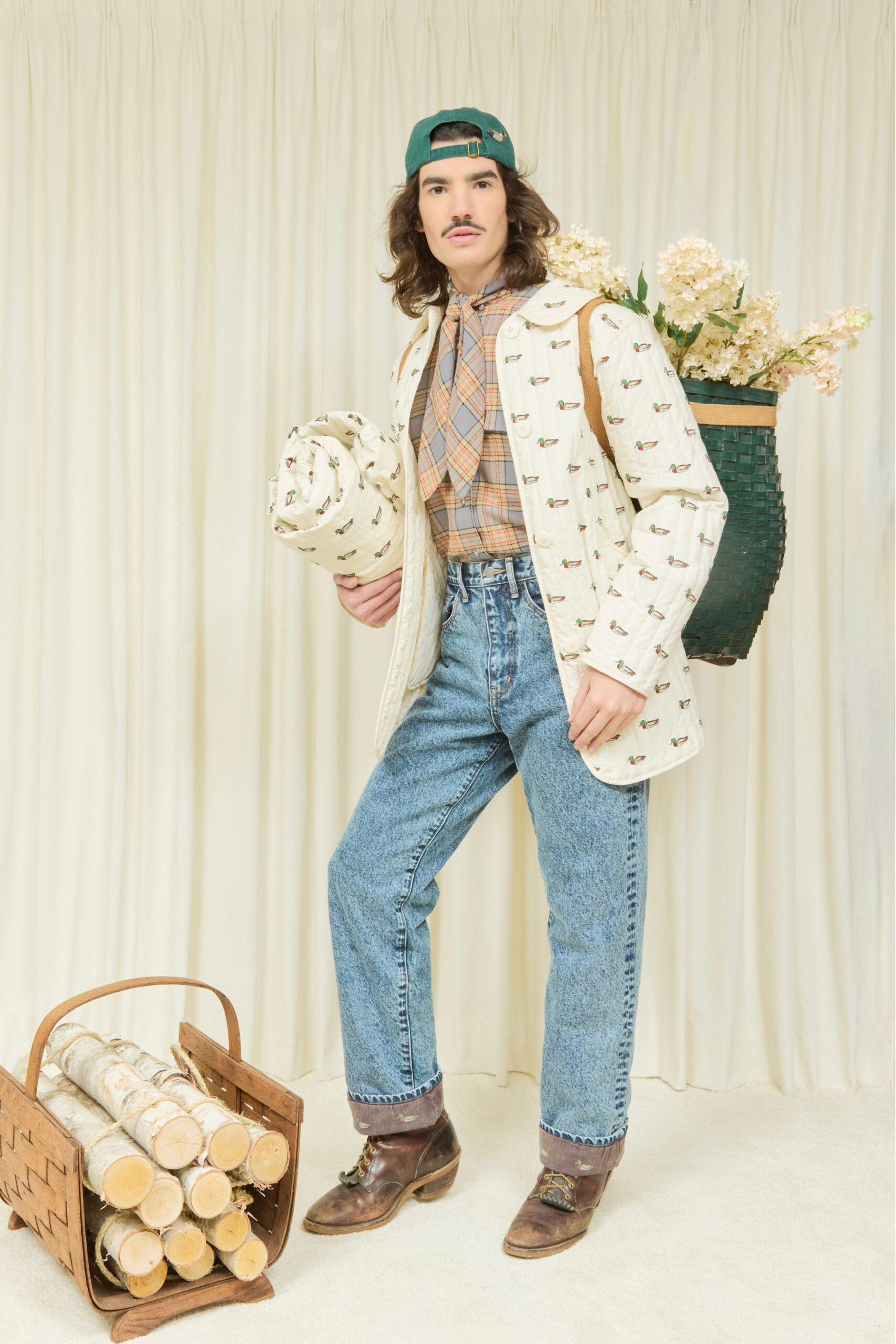 white cotton long-sleeve collared relaxed printed jacket