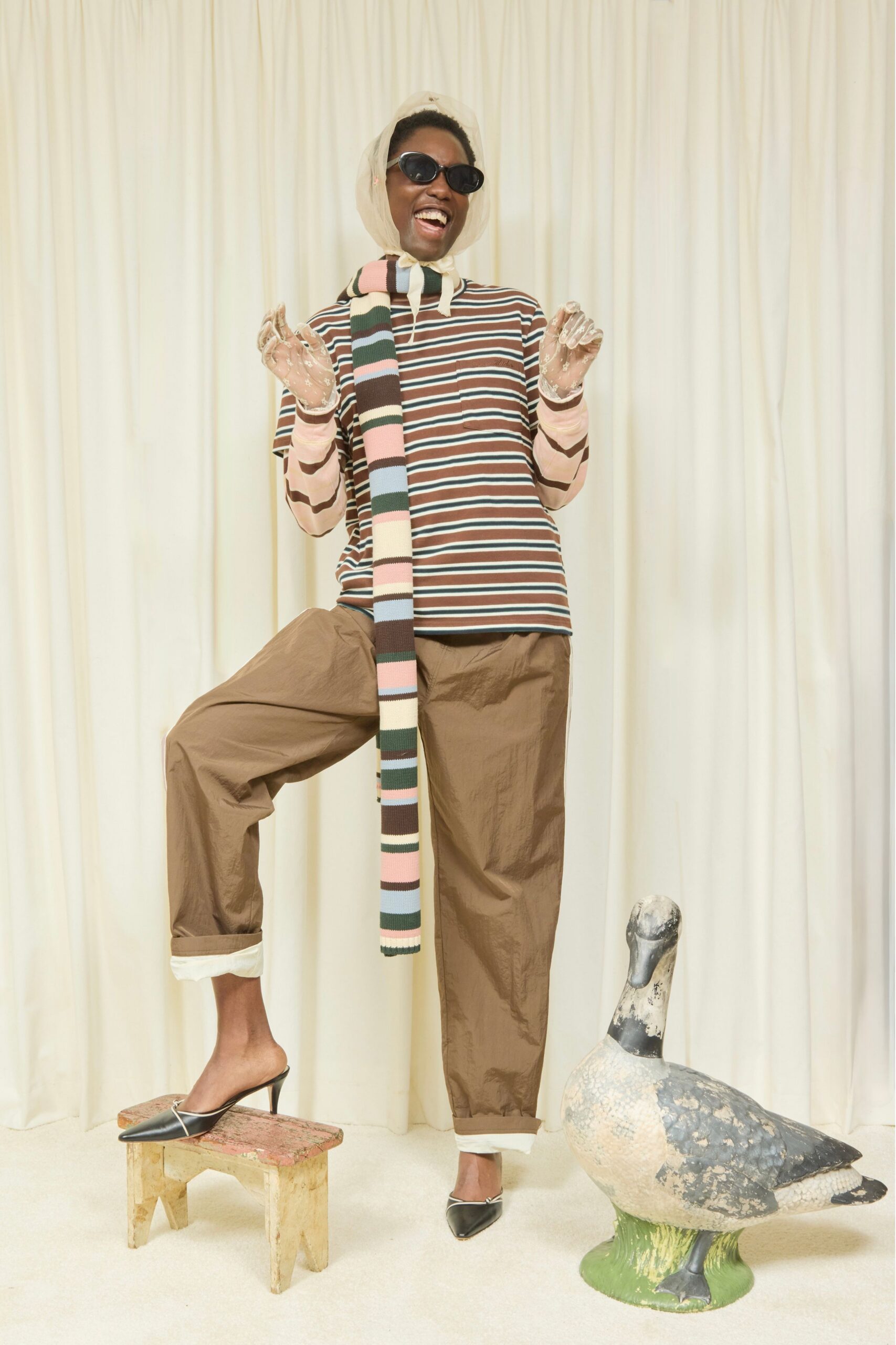 brown cotton long-sleeve collared relaxed striped top