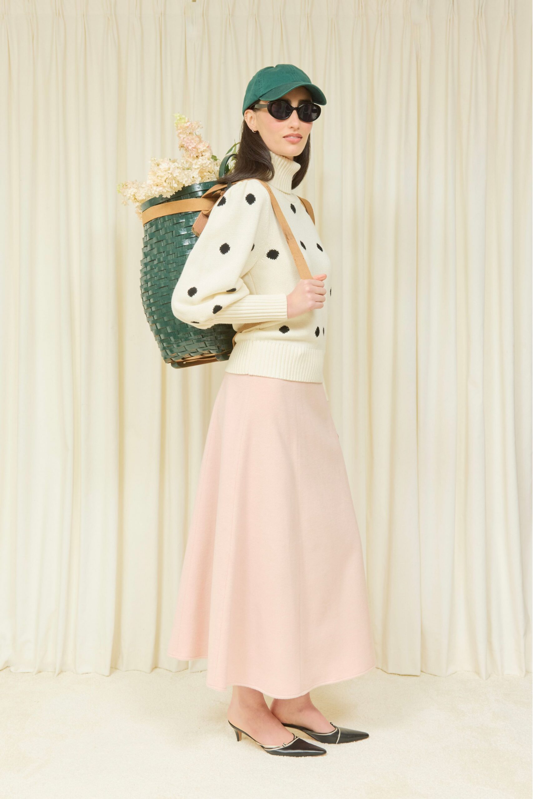 pink cotton fitted a-line midi skirt