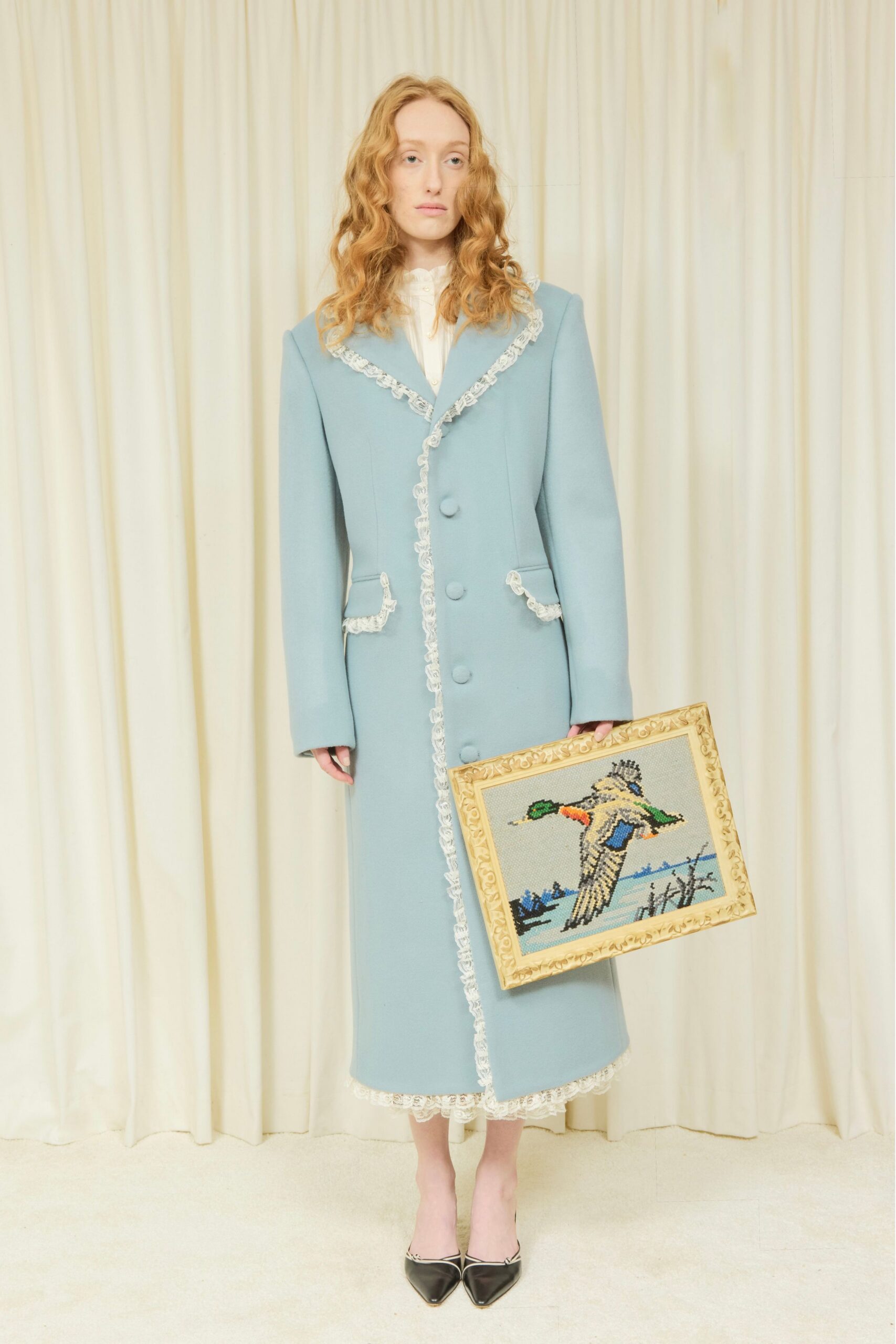 blue wool long-sleeve collared fitted buttoned fringed coat