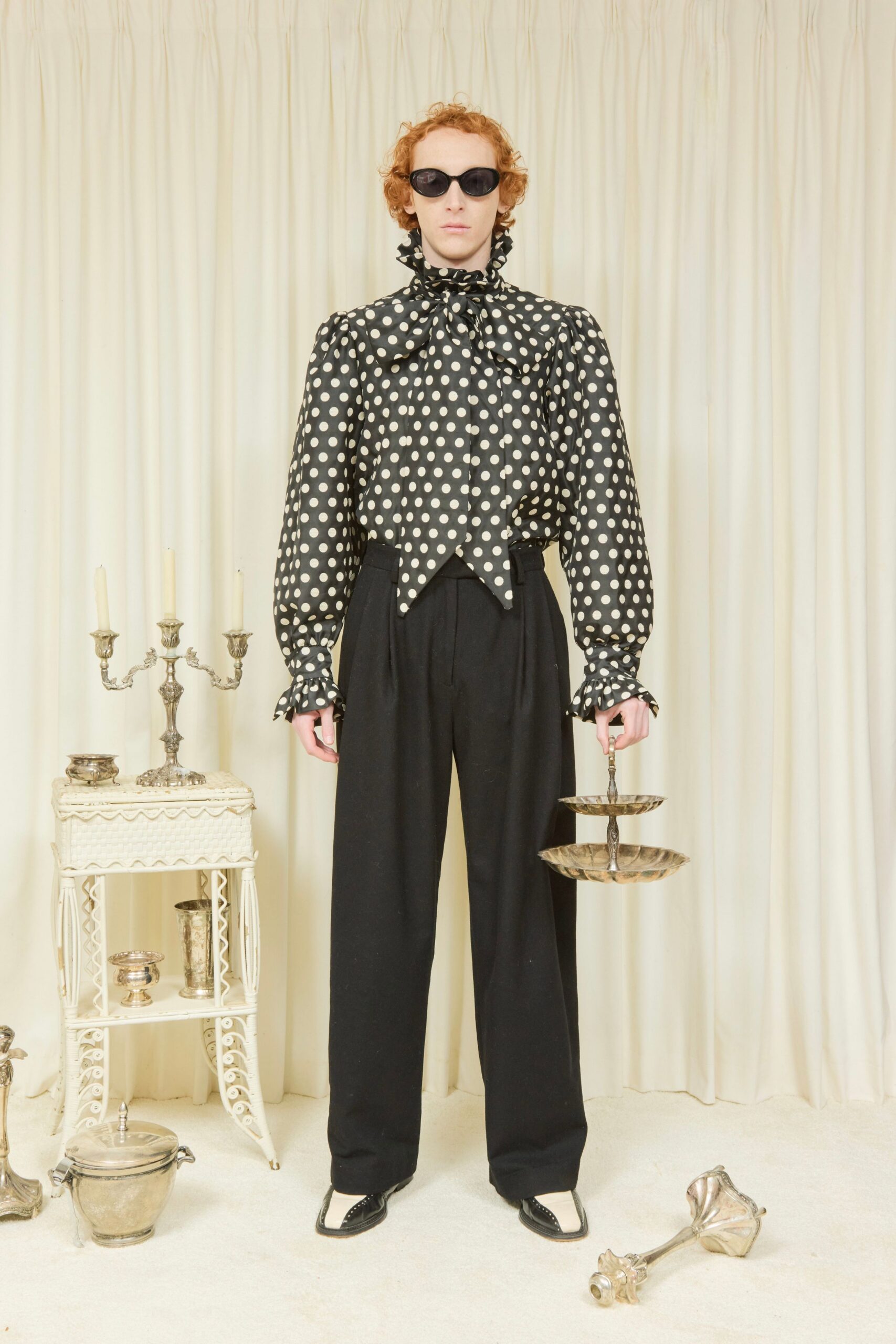 black cotton long-sleeve collared relaxed polka-dot ruffled shirt